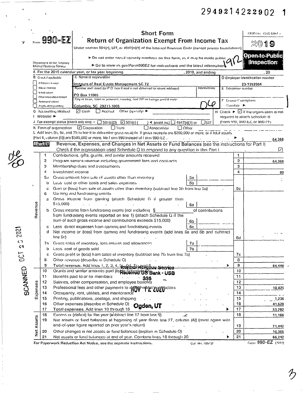 Image of first page of 2019 Form 990EO for Institute Of Real Estate Management - 72 South Carolina