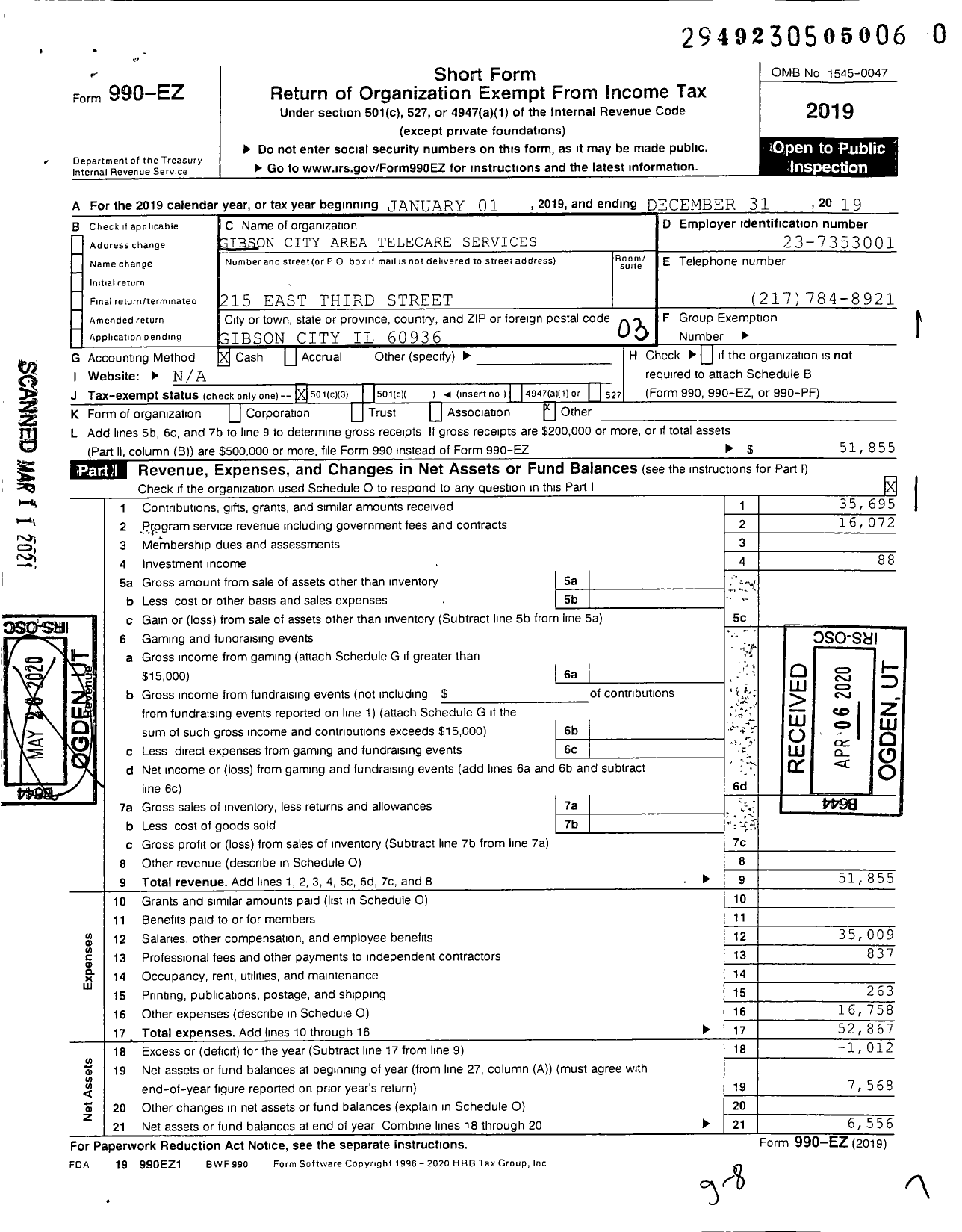 Image of first page of 2019 Form 990EZ for Gibson City Area Telecare Services