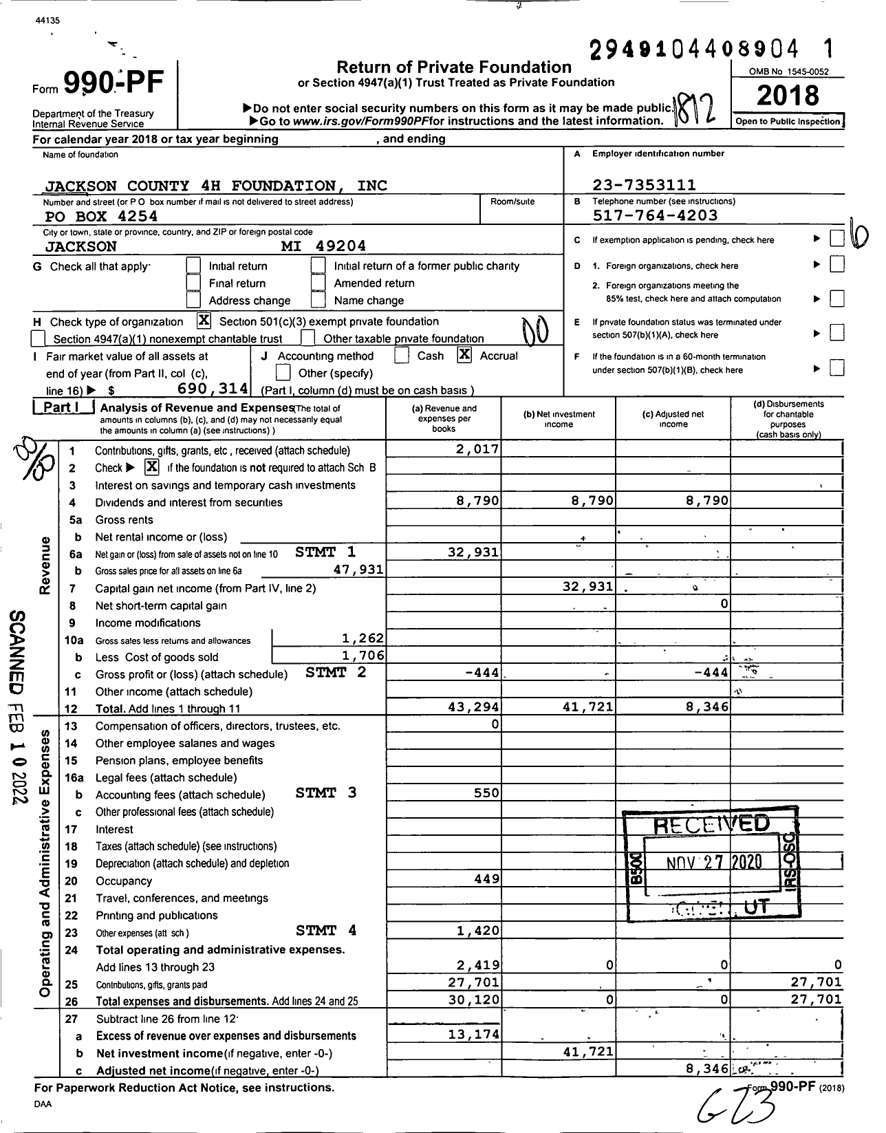 Image of first page of 2018 Form 990PF for Jackson County 4H Foundation