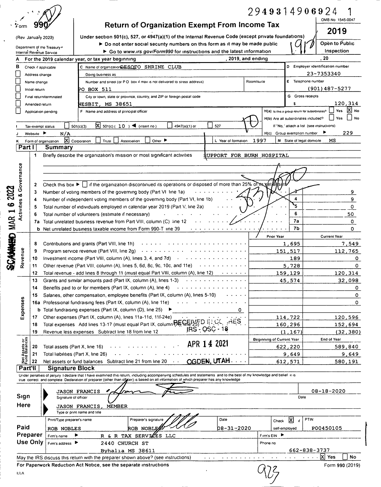 Image of first page of 2019 Form 990O for Shriners International - Desoto Shrine Club