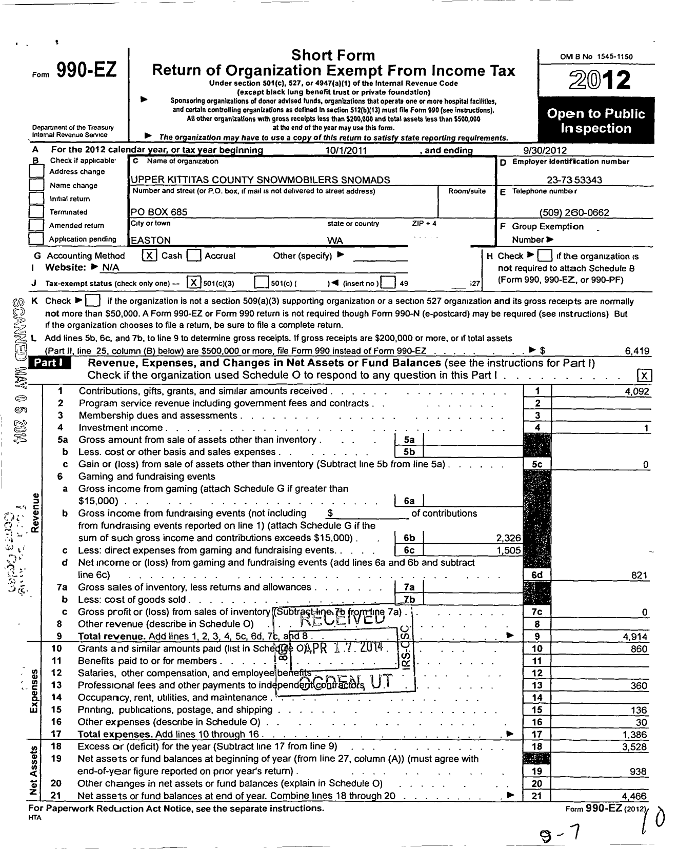 Image of first page of 2011 Form 990EZ for Upper Kittitas County Snowmobilers Snomads