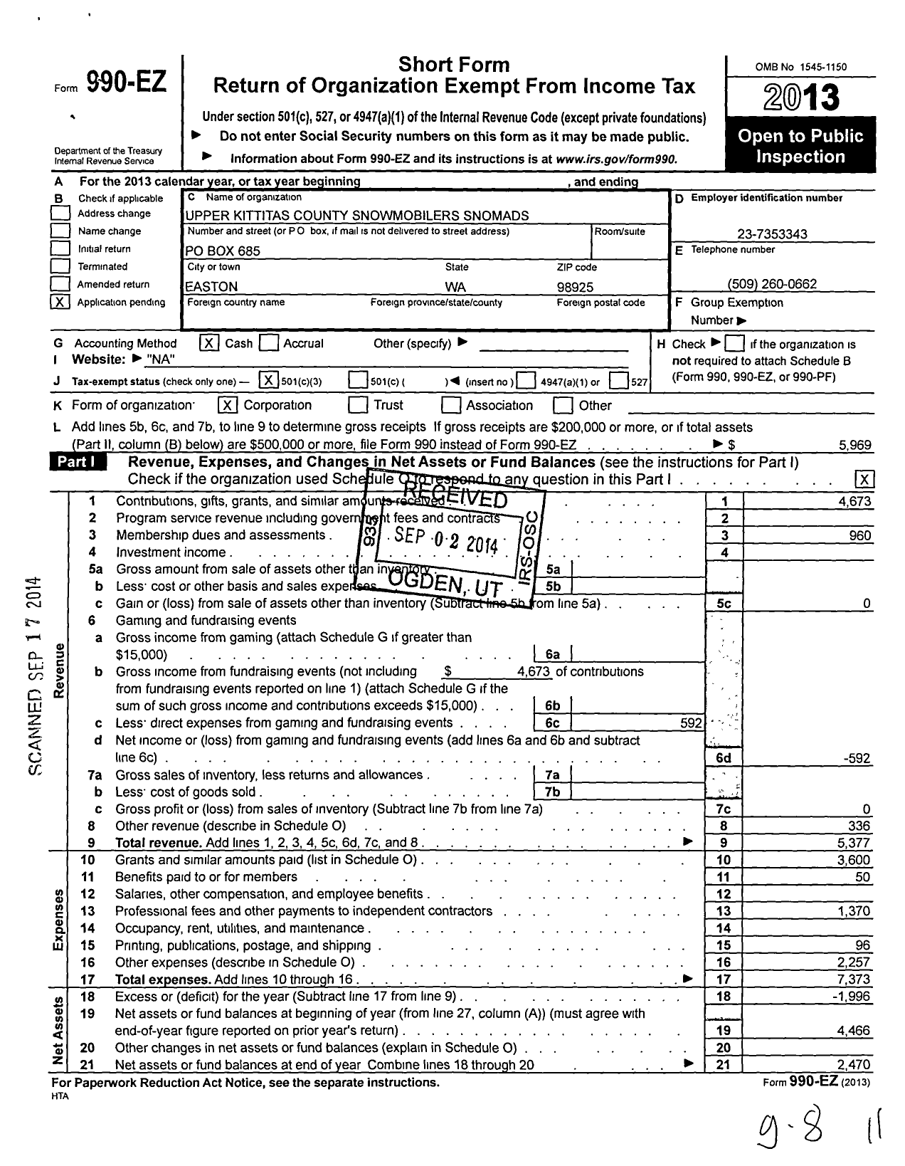 Image of first page of 2013 Form 990EZ for Upper Kittitas County Snowmobilers Snomads