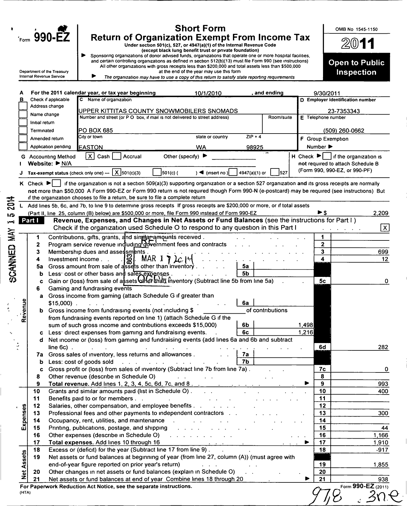 Image of first page of 2010 Form 990EZ for Upper Kittitas County Snowmobilers Snomads