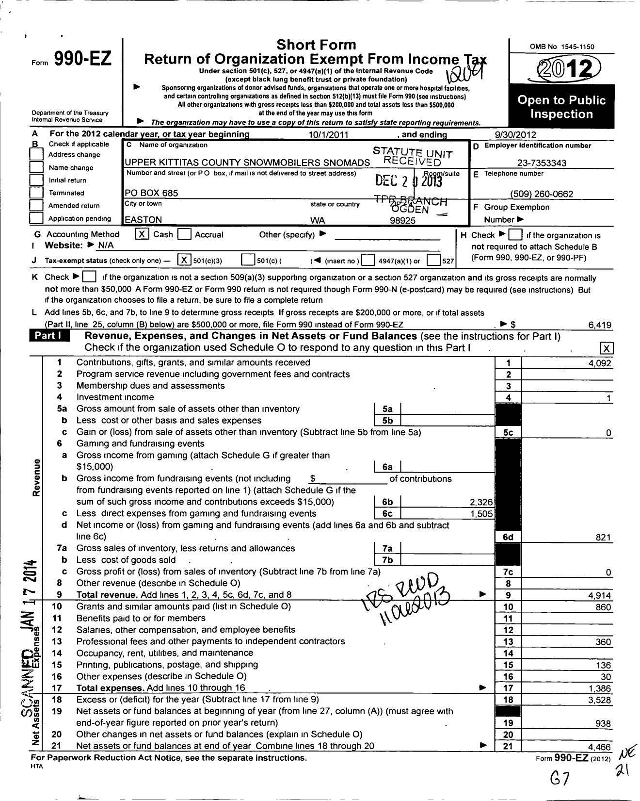 Image of first page of 2011 Form 990EZ for Upper Kittitas County Snowmobilers Snomads