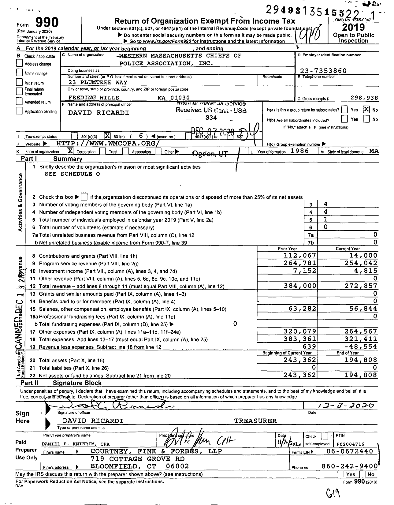 Image of first page of 2019 Form 990O for Western Massachusetts Chiefs of Police Association