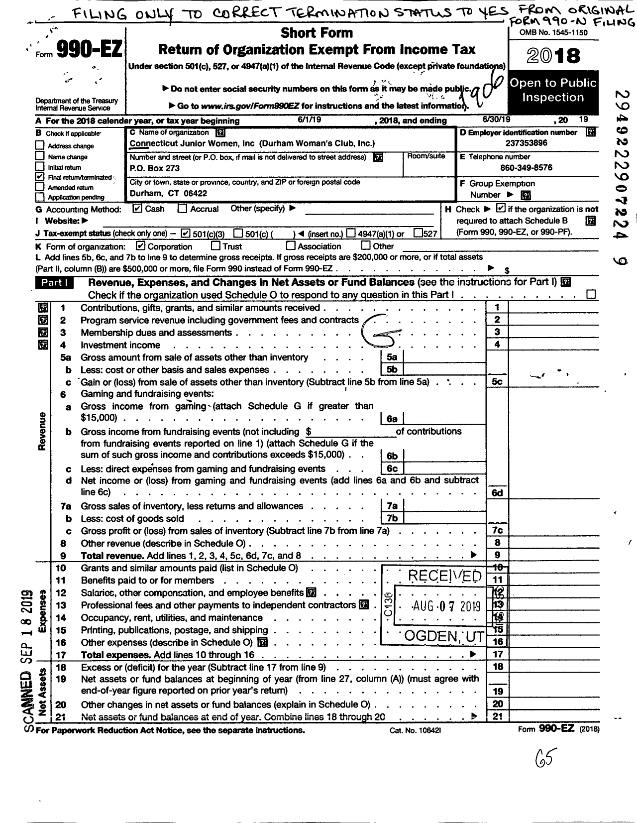 Image of first page of 2018 Form 990EZ for Connecticut Junior Women / Durham Womans Club Inc