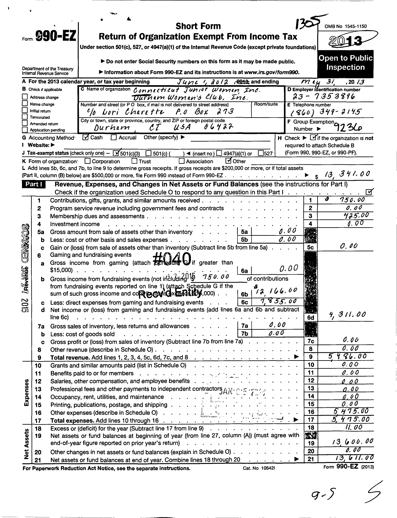 Image of first page of 2012 Form 990EZ for Connecticut Junior Women / Durham Womans Club Inc