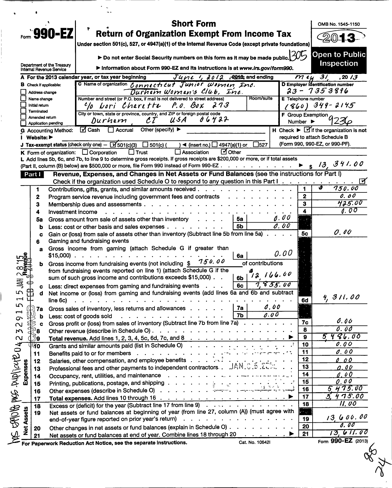 Image of first page of 2012 Form 990EZ for Connecticut Junior Women / Durham Womans Club Inc