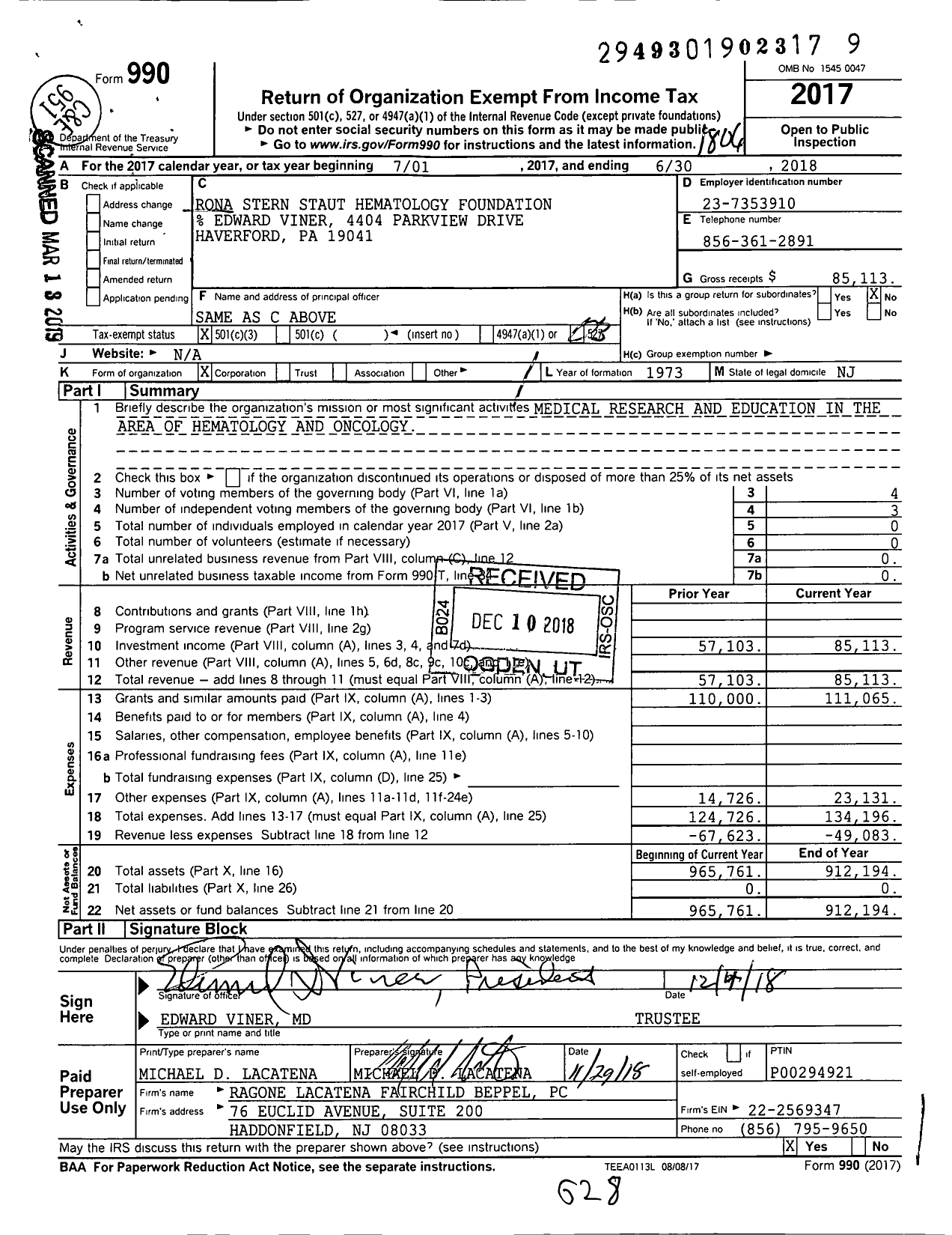 Image of first page of 2017 Form 990 for Rona Stern Staut Hematology Foundation