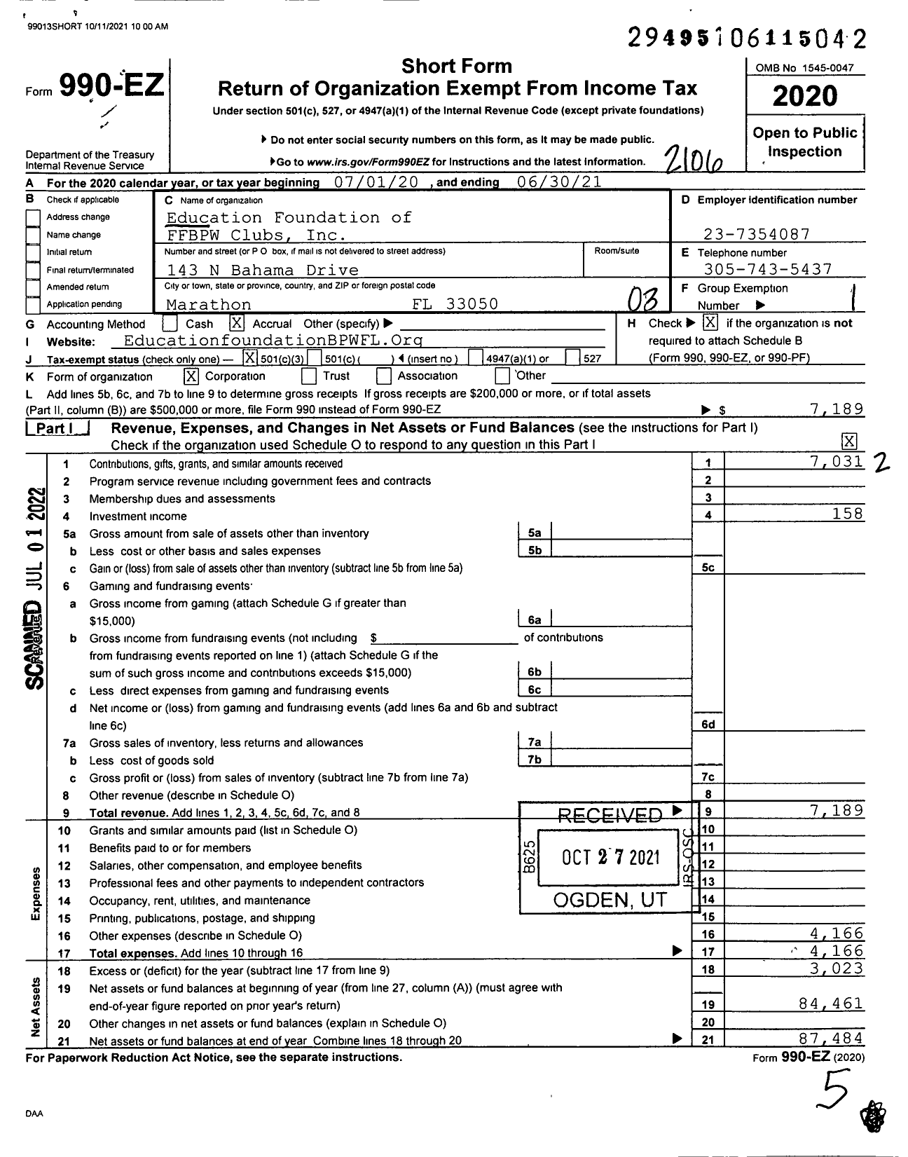 Image of first page of 2020 Form 990EZ for Education Foundation of the Florida Federation of Business and Professional