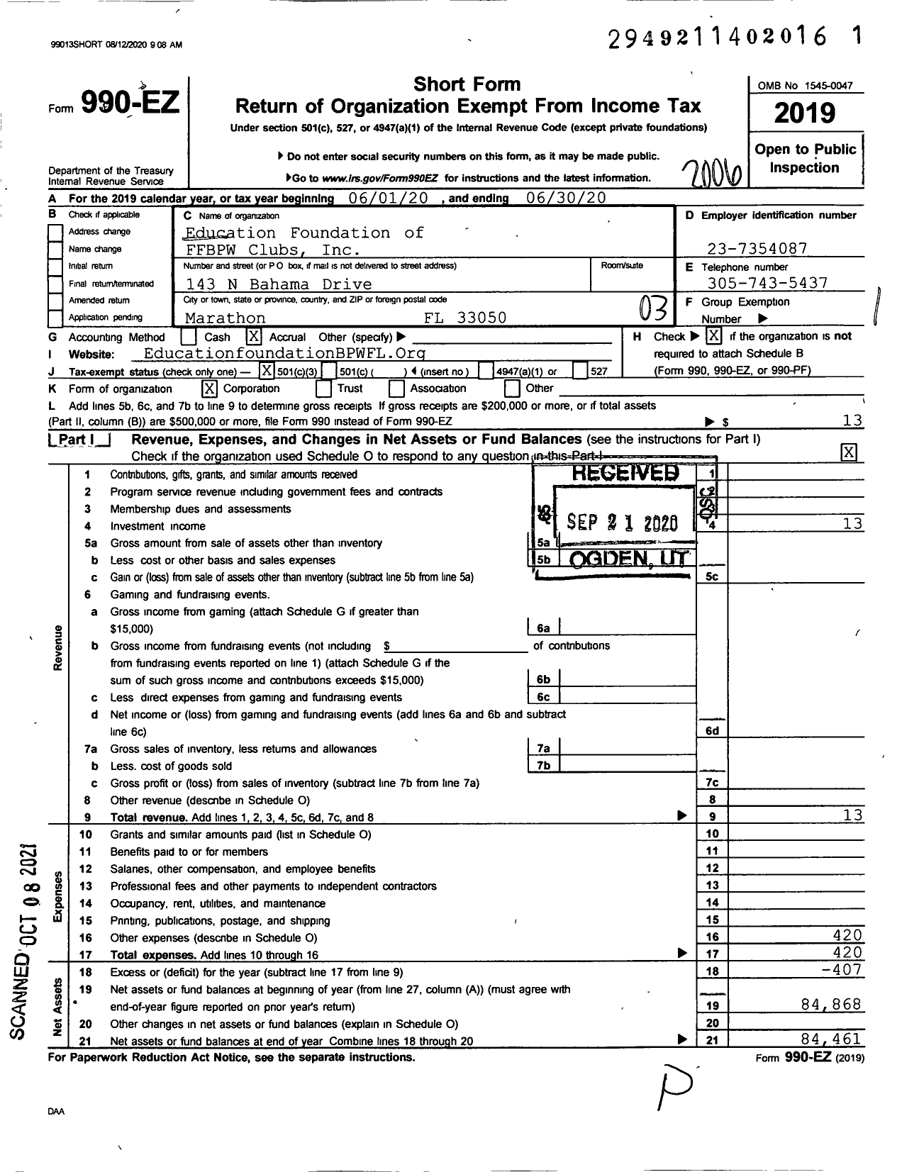 Image of first page of 2019 Form 990EZ for Education Foundation of the Florida Federation of Business and Professional