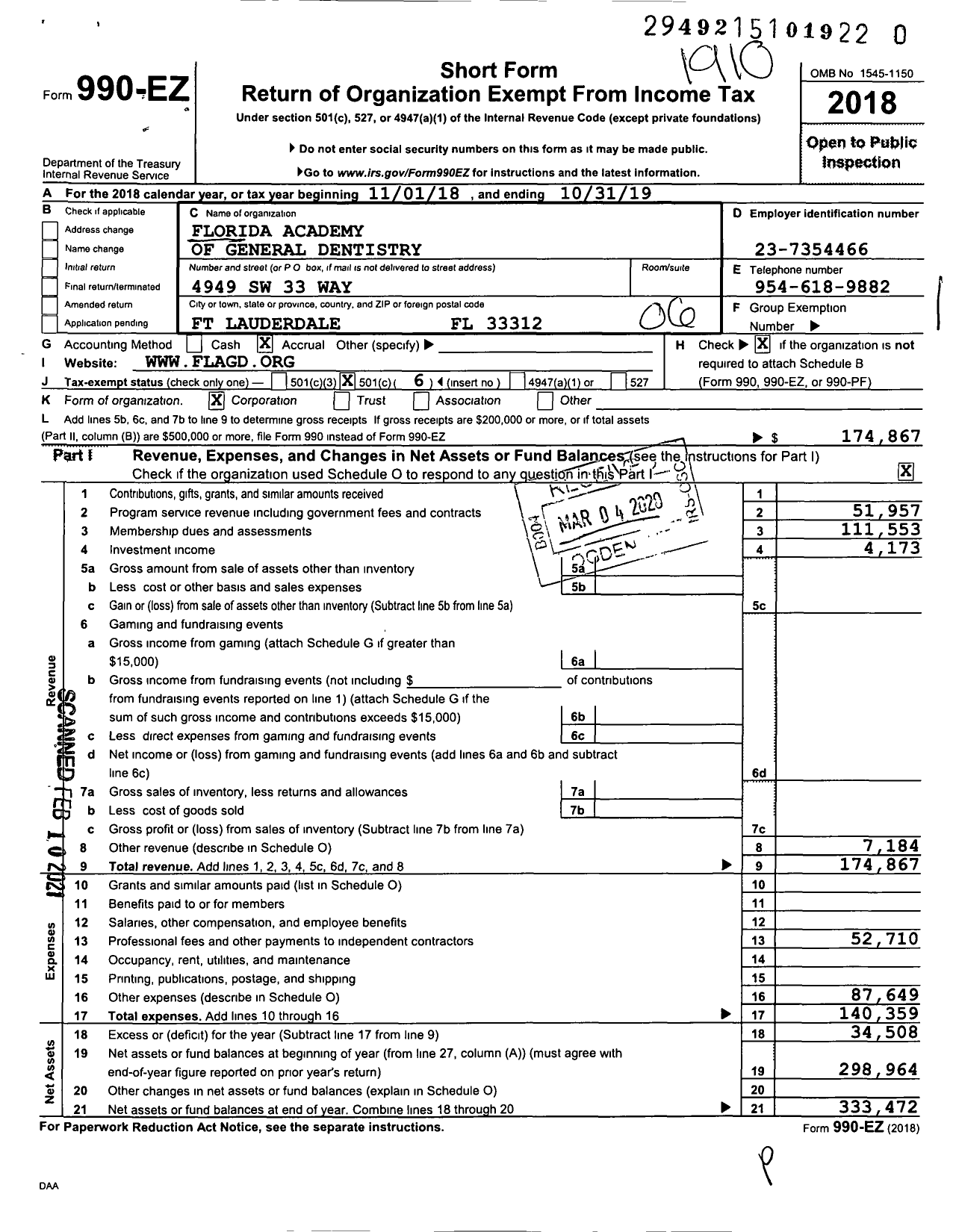 Image of first page of 2018 Form 990EO for Florida Academy of General Dentistry