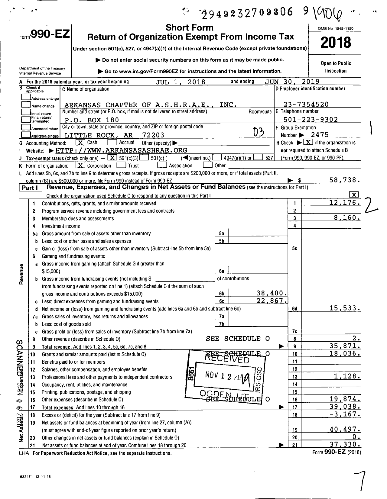 Image of first page of 2018 Form 990EZ for Arkansas Chapter of Ashrae
