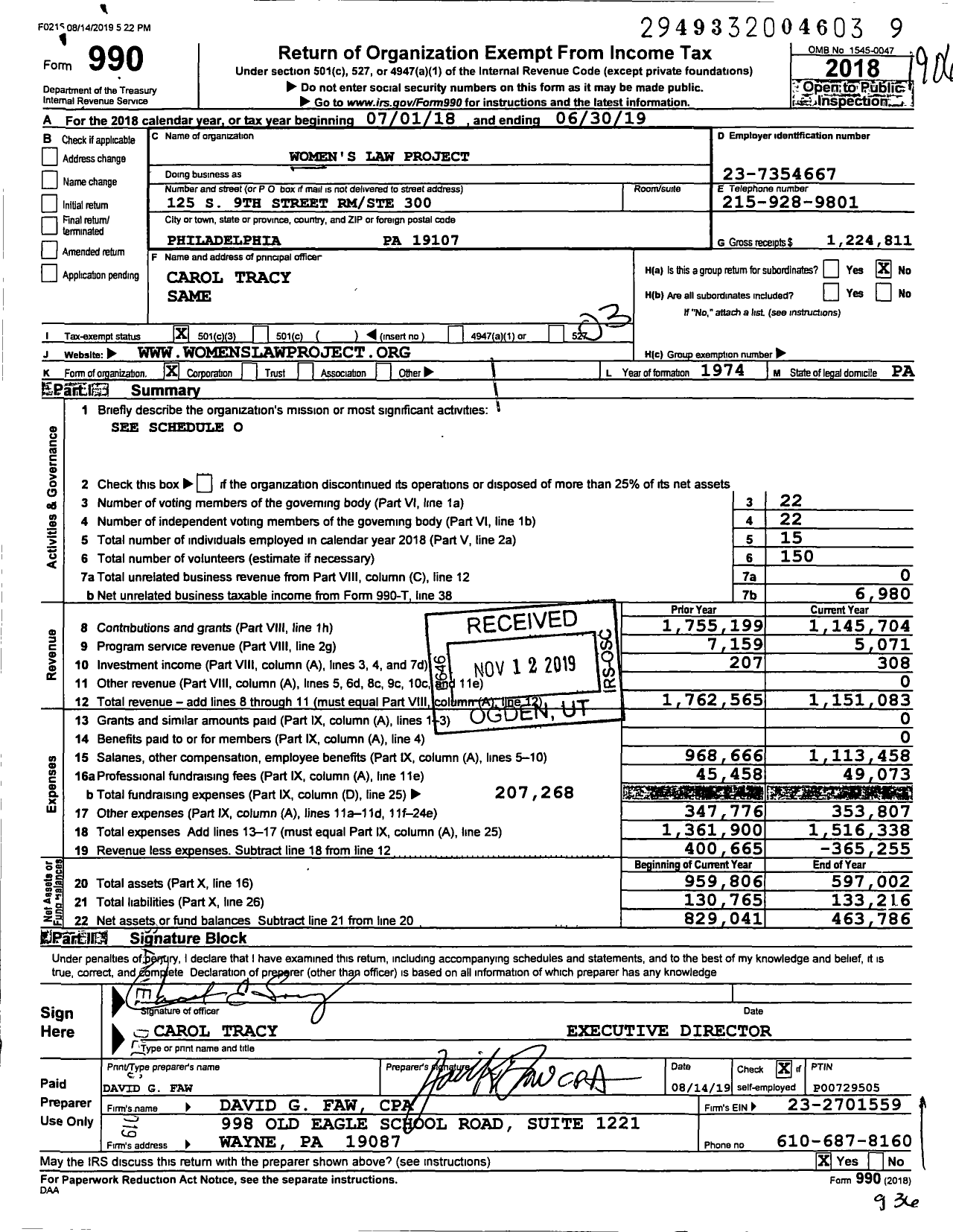 Image of first page of 2018 Form 990 for Women's Law Project