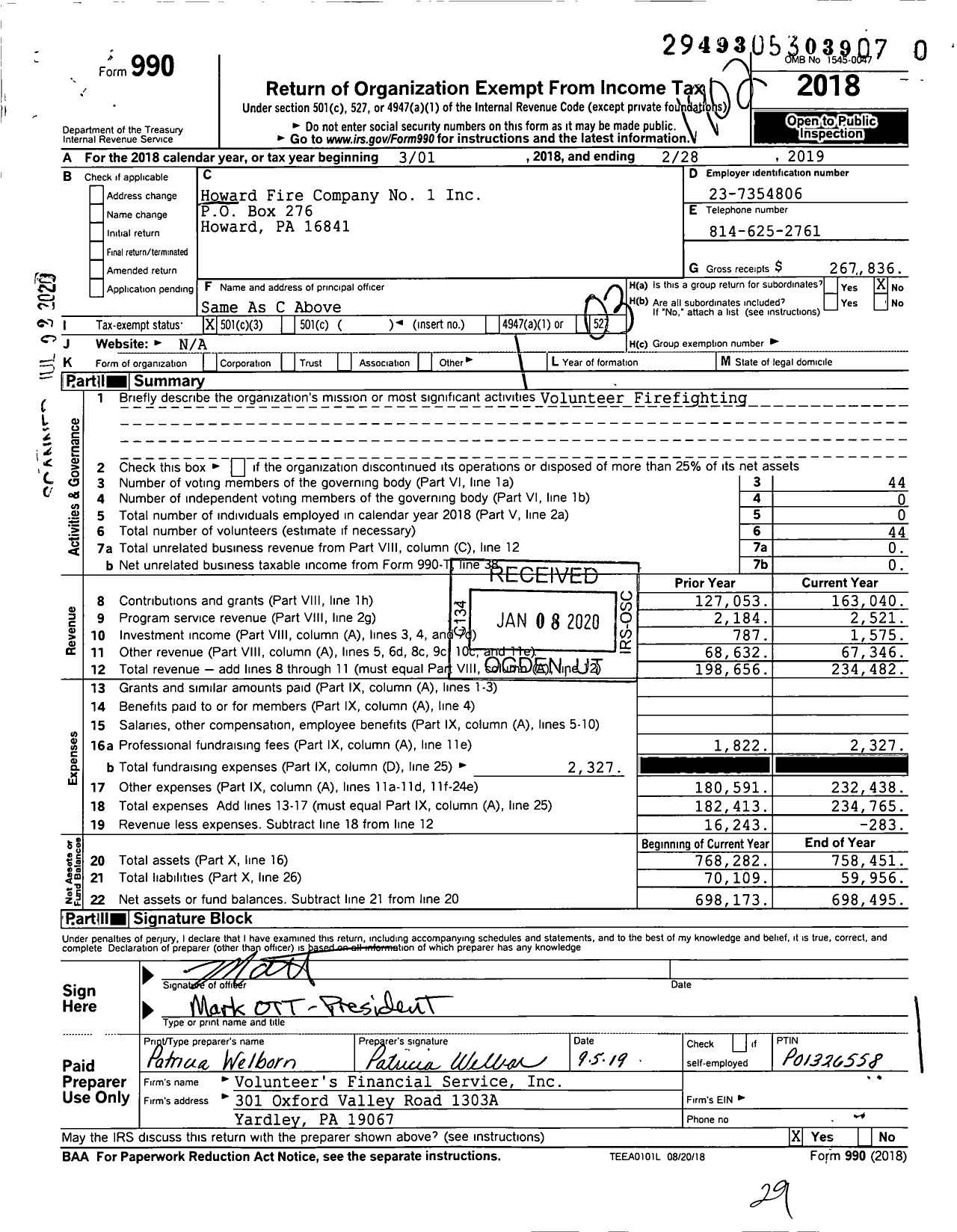 Image of first page of 2018 Form 990 for Howard Fire Company No 1