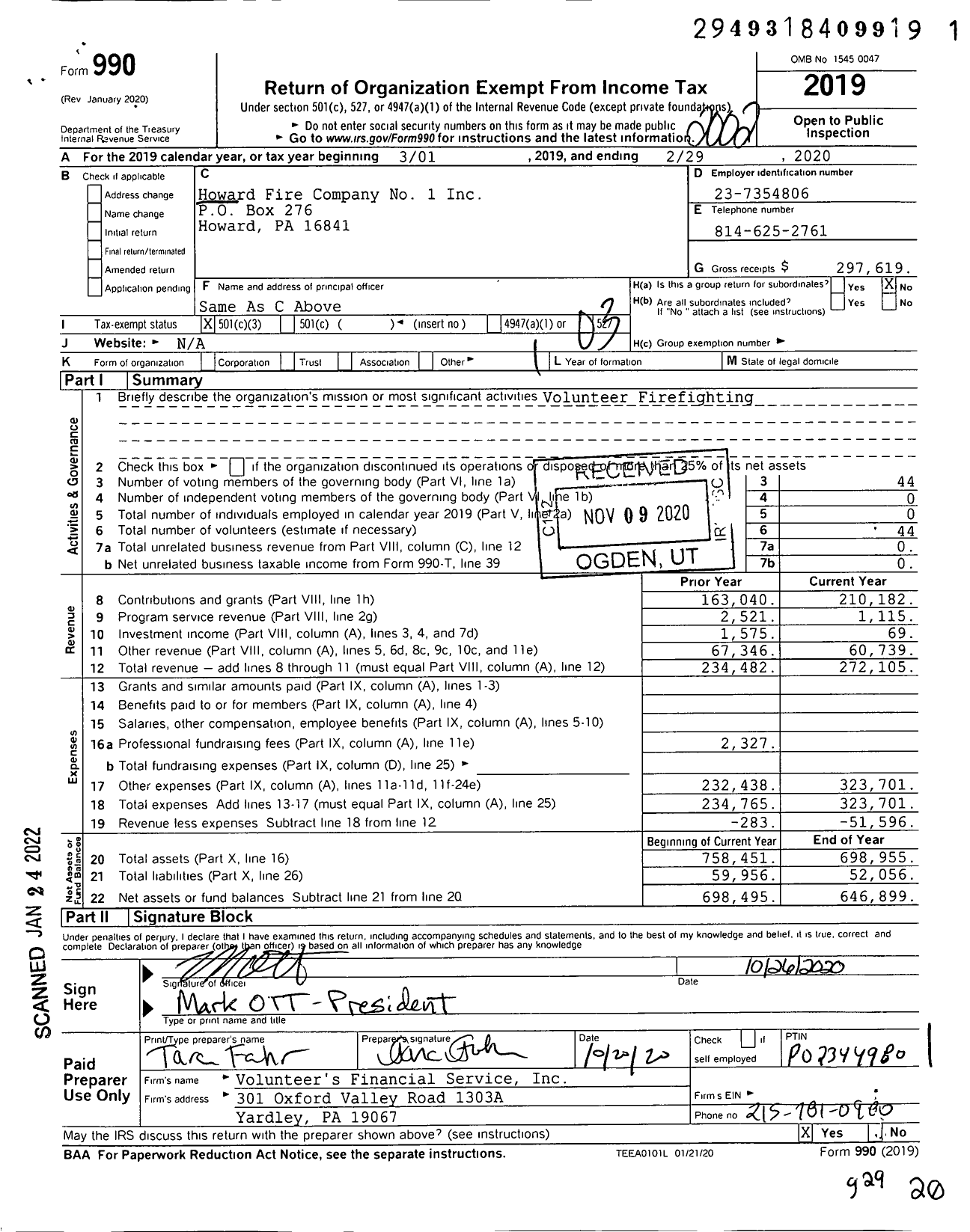 Image of first page of 2019 Form 990 for Howard Fire Company No 1