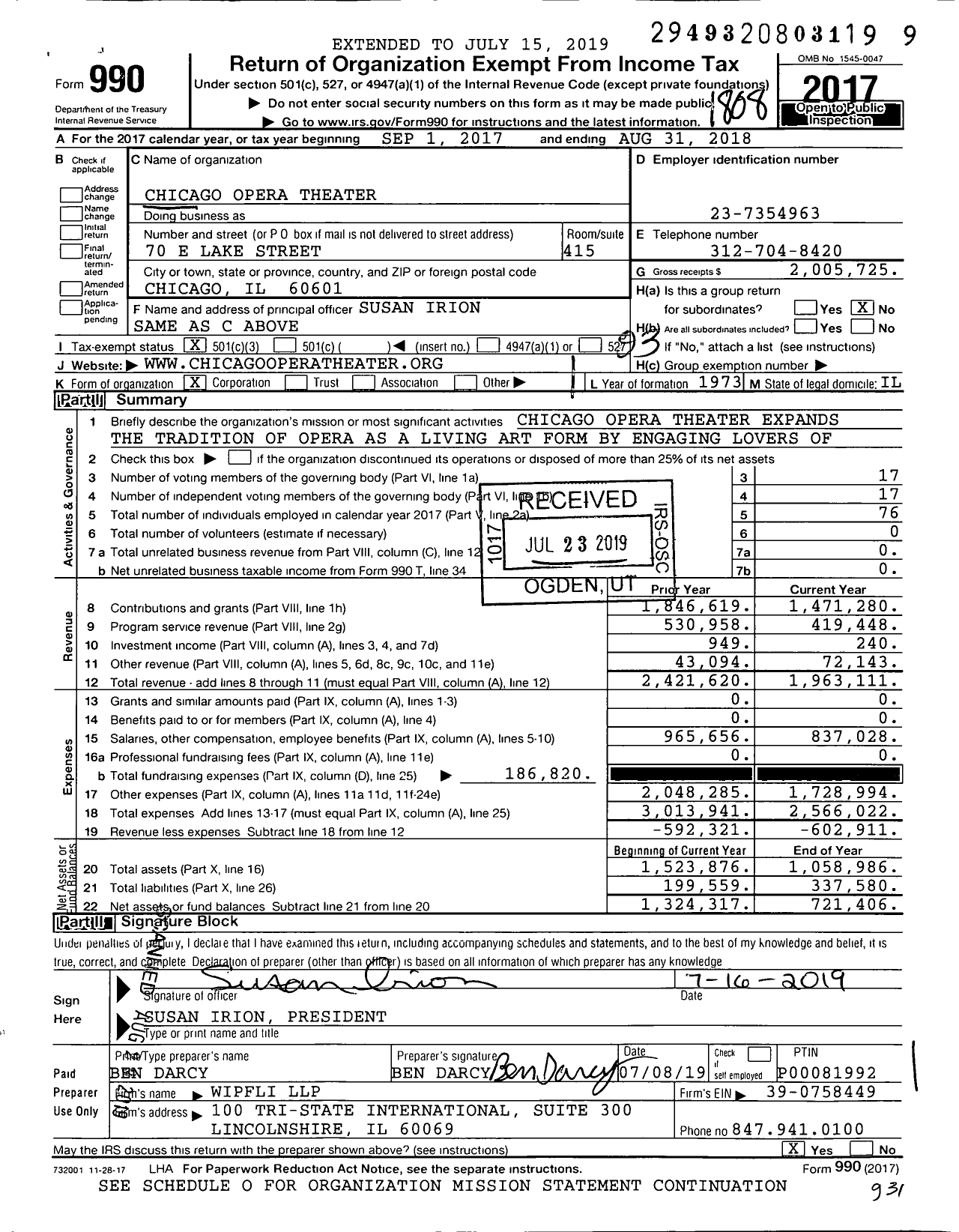 Image of first page of 2017 Form 990 for Chicago Opera Theater