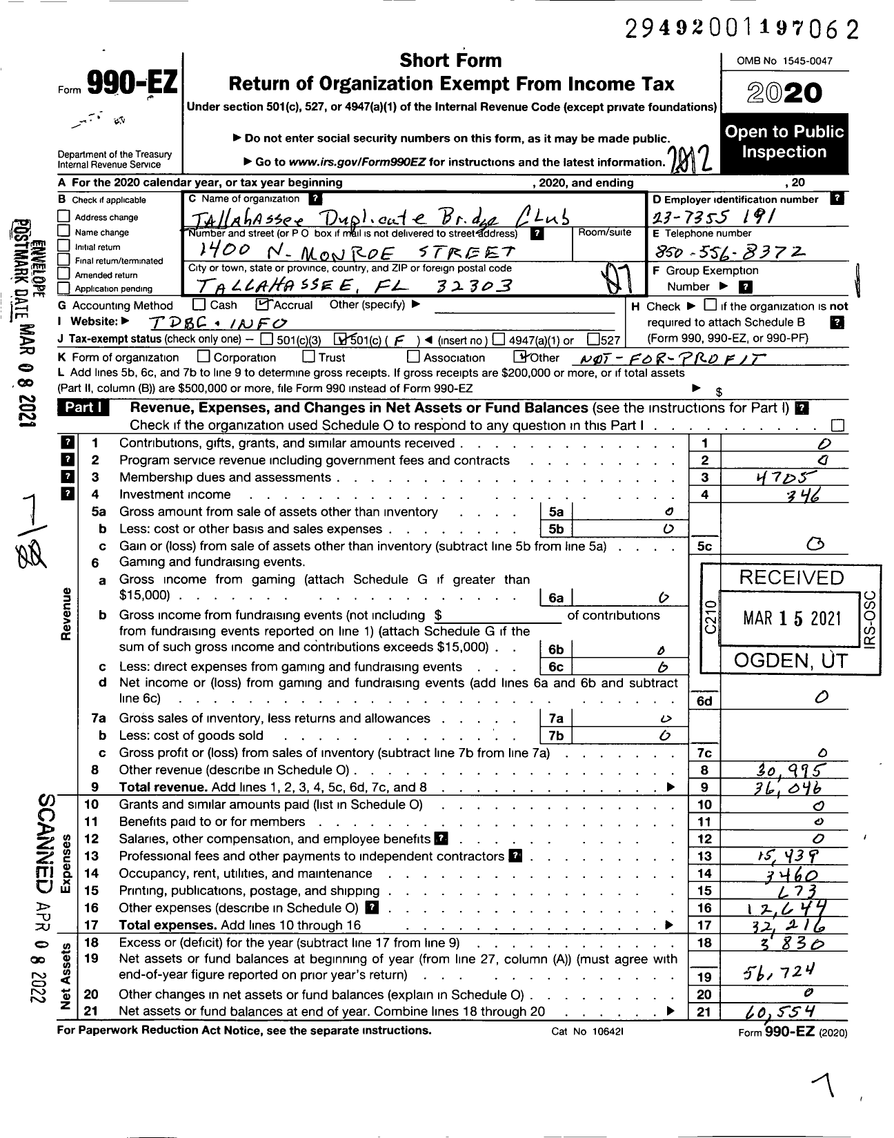 Image of first page of 2020 Form 990EO for Tallahassee Duplicate Bridge Club