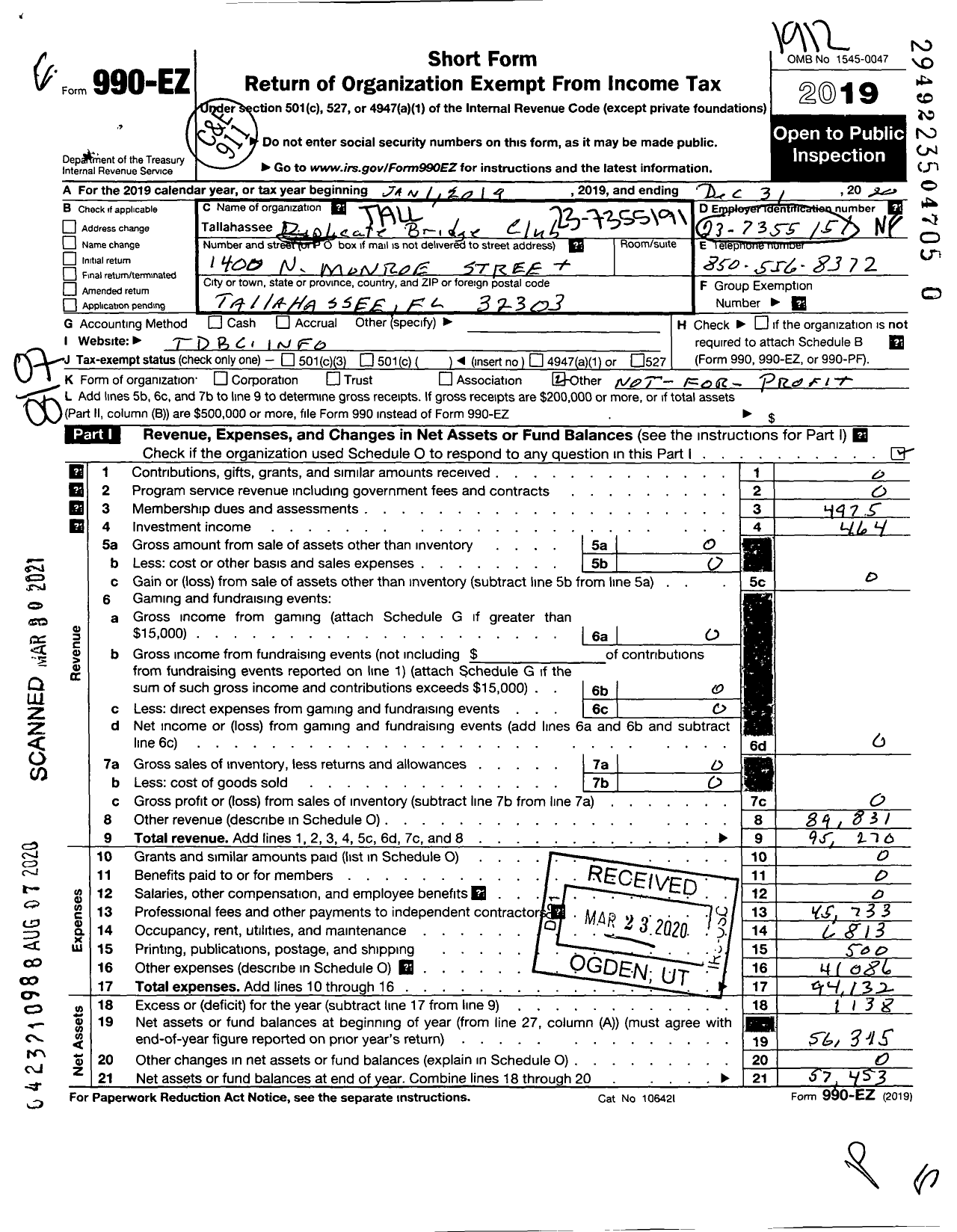 Image of first page of 2019 Form 990EO for Tallahassee Duplicate Bridge Club