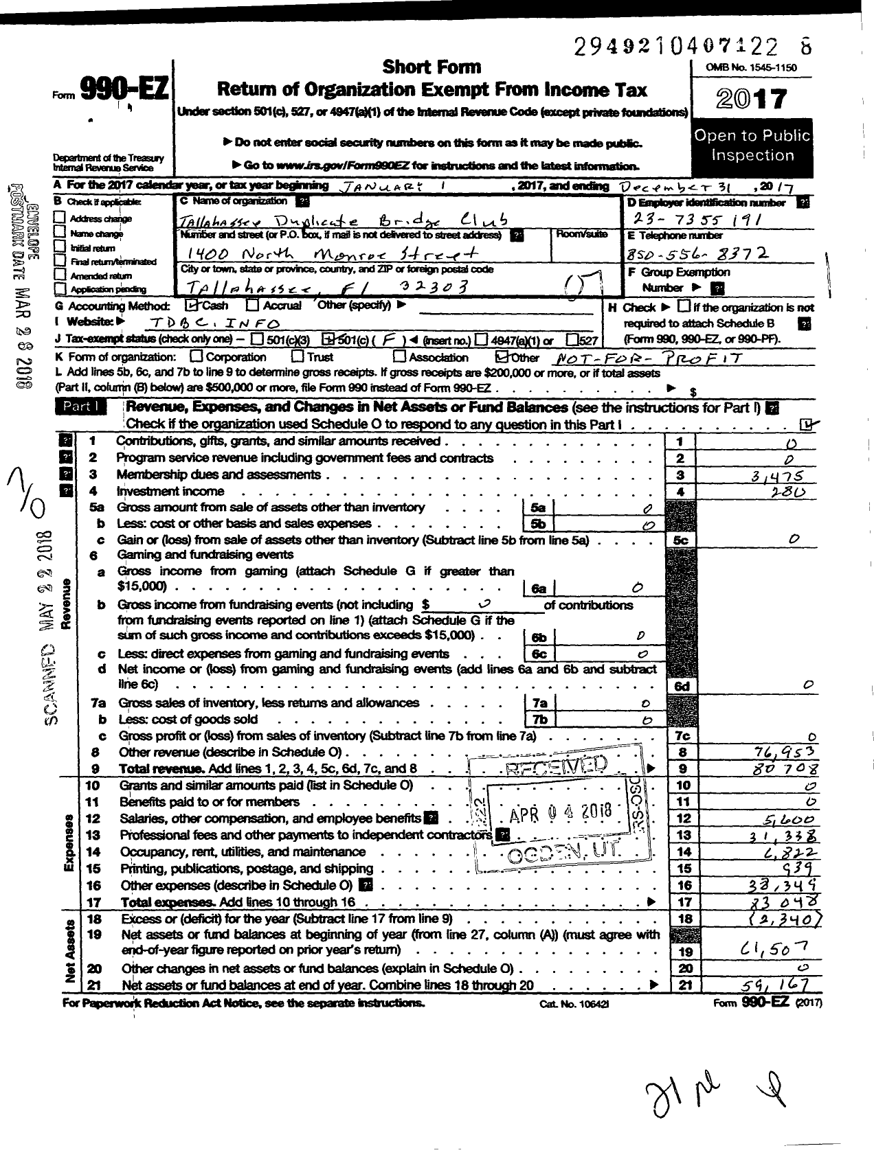 Image of first page of 2017 Form 990EO for Tallahassee Duplicate Bridge Club