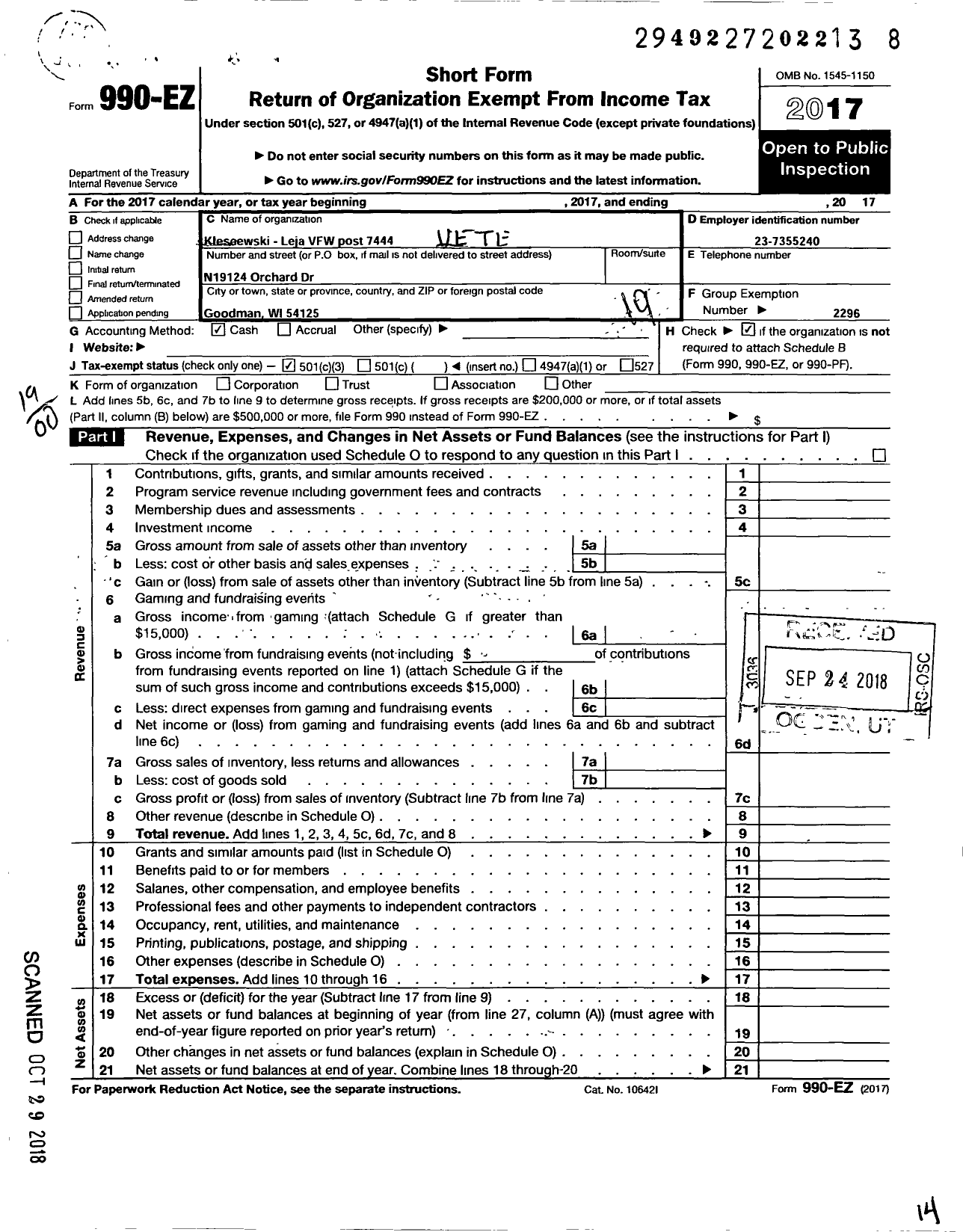 Image of first page of 2017 Form 990EO for VFW Wi - 7444 Klescewski Leja Post