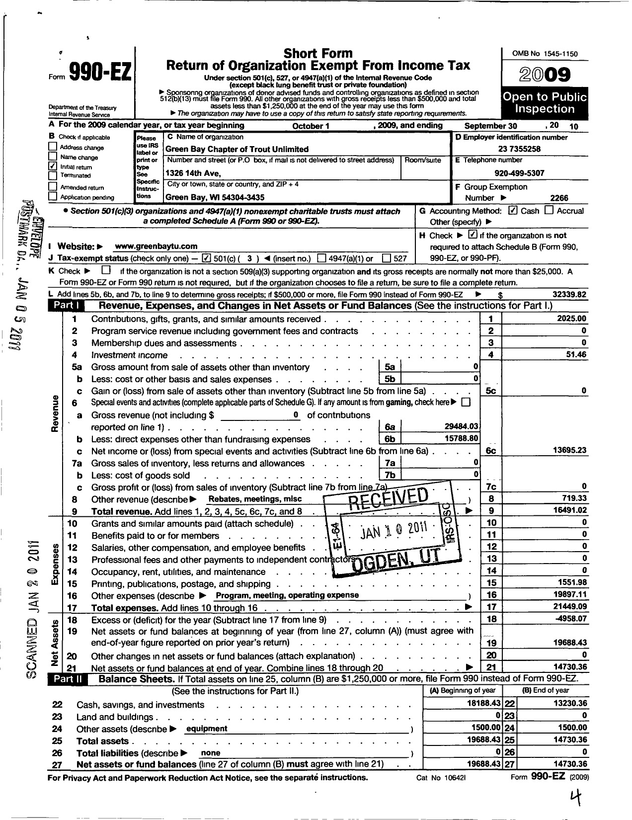 Image of first page of 2009 Form 990EZ for Trout Unlimited - 083 Green Bay