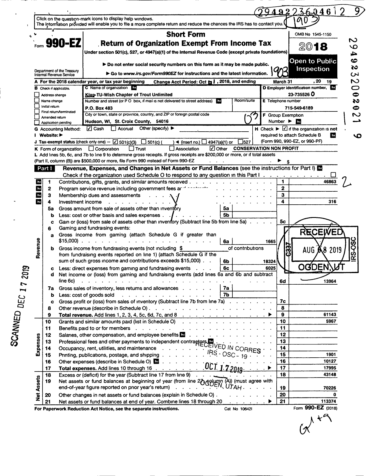 Image of first page of 2018 Form 990EZ for Trout Unlimited - 168 Kiap Tu Wish