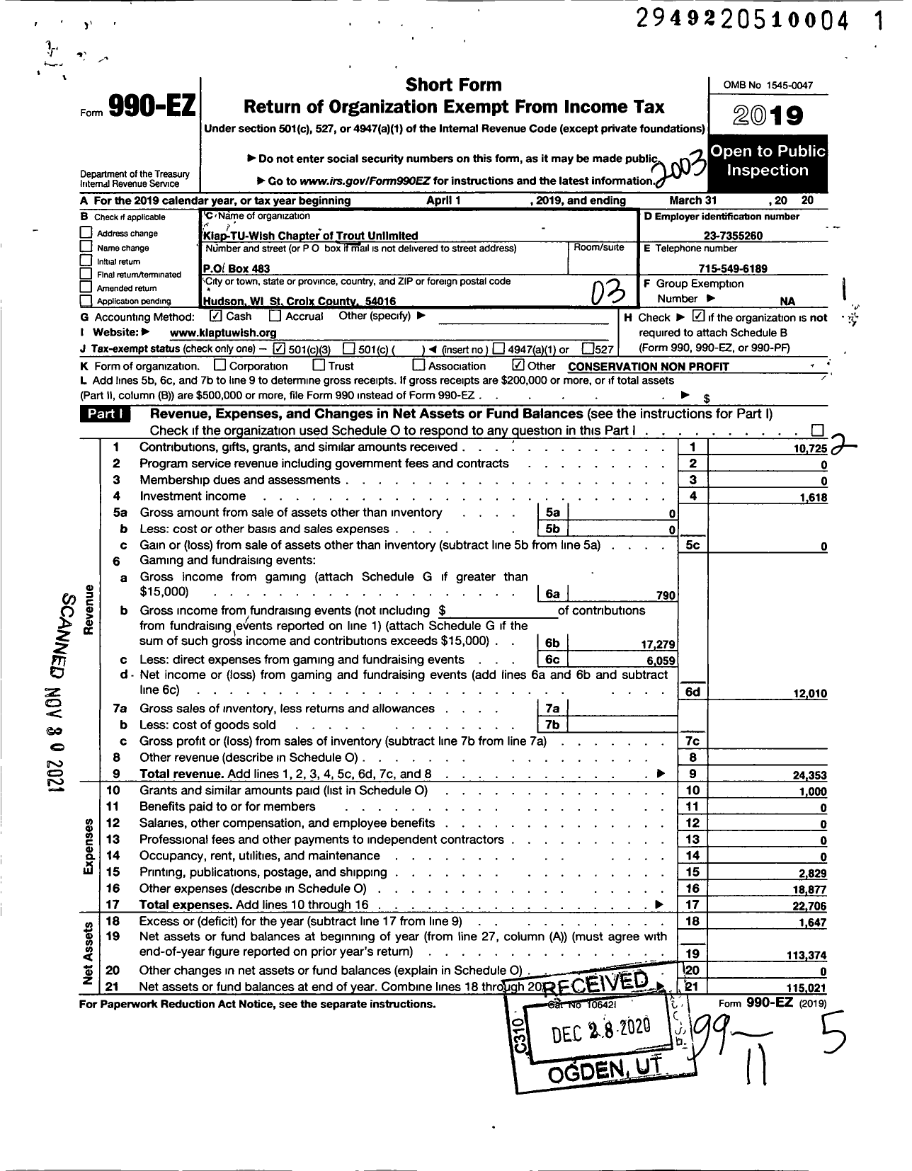 Image of first page of 2019 Form 990EZ for Trout Unlimited - 168 Kiap Tu Wish