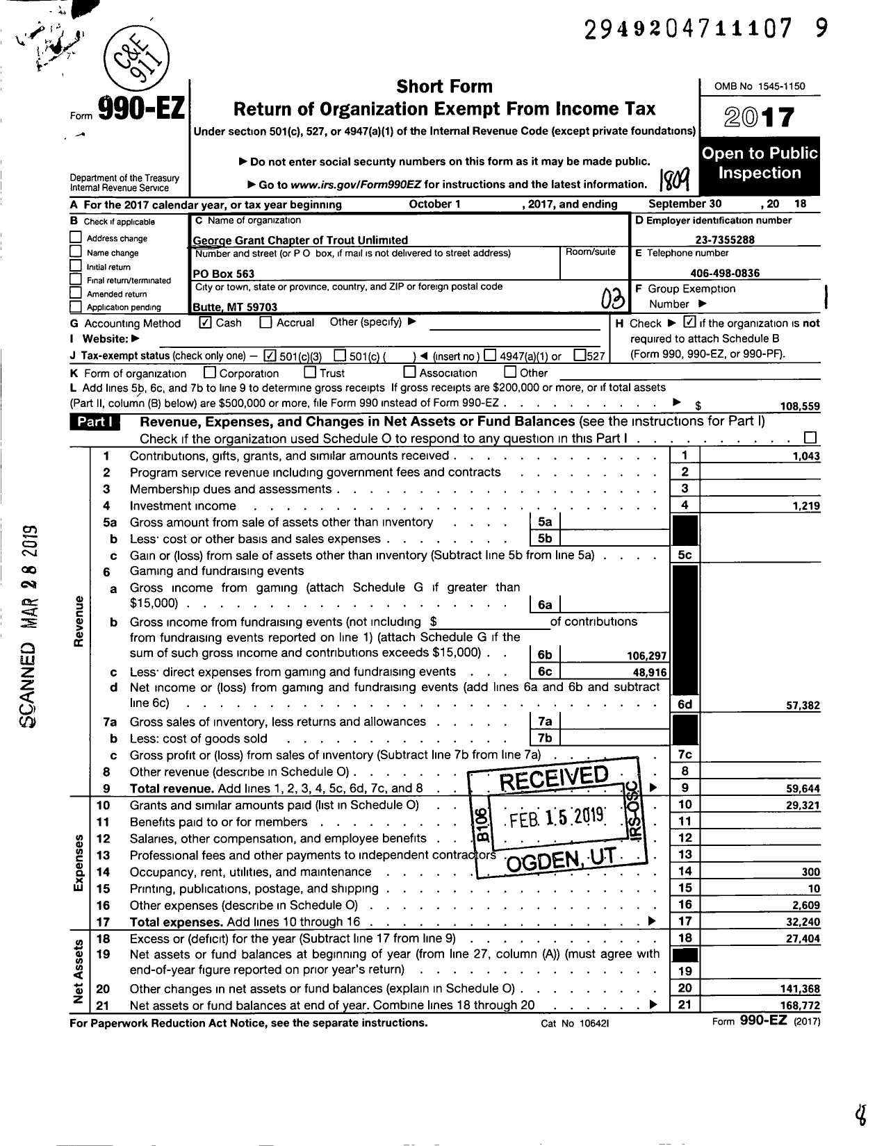 Image of first page of 2017 Form 990EZ for Trout Unlimited - 183 George Grant