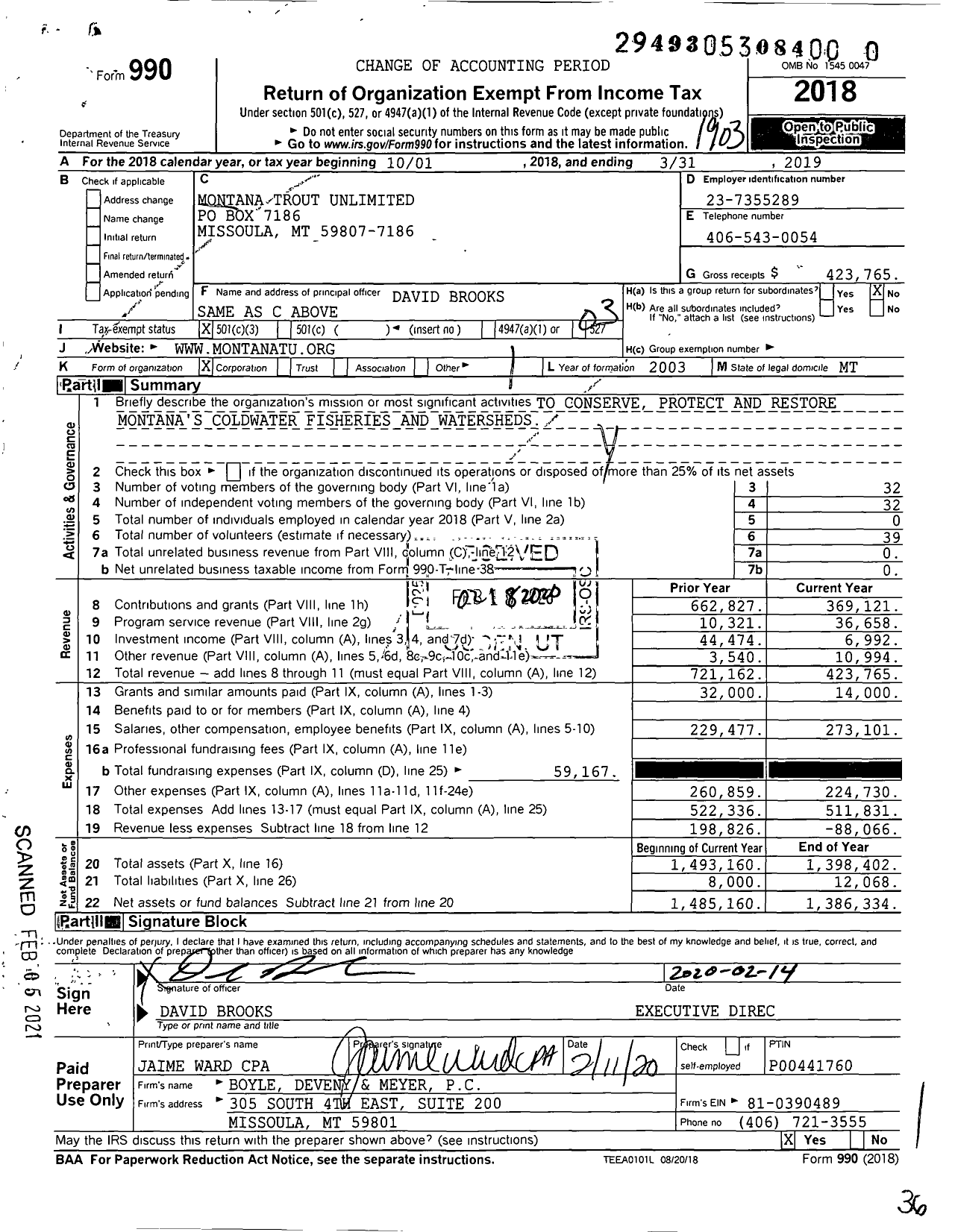 Image of first page of 2018 Form 990 for Trout Unlimited - Montana Council