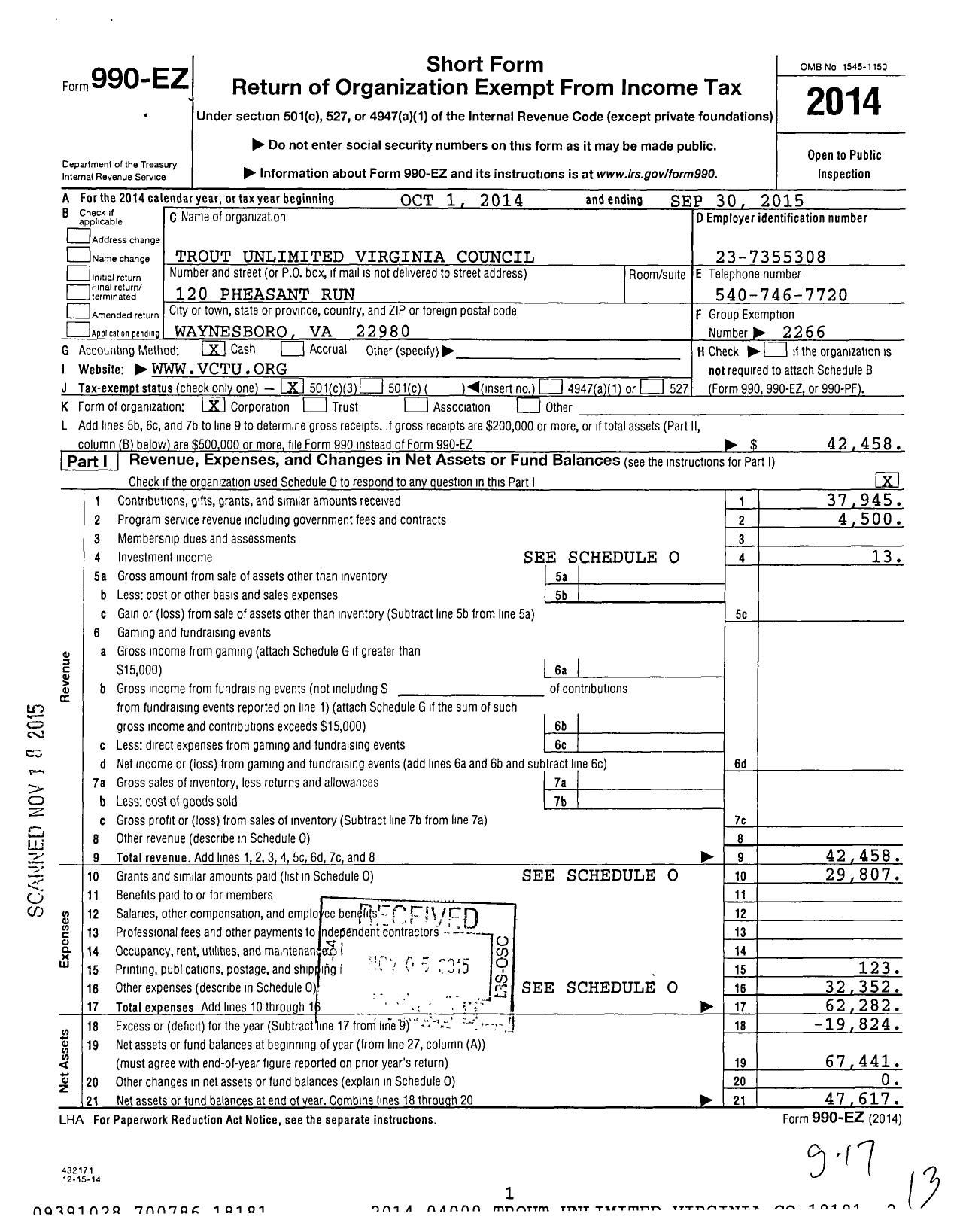 Image of first page of 2014 Form 990EZ for Trout Unlimited - Virginia Council