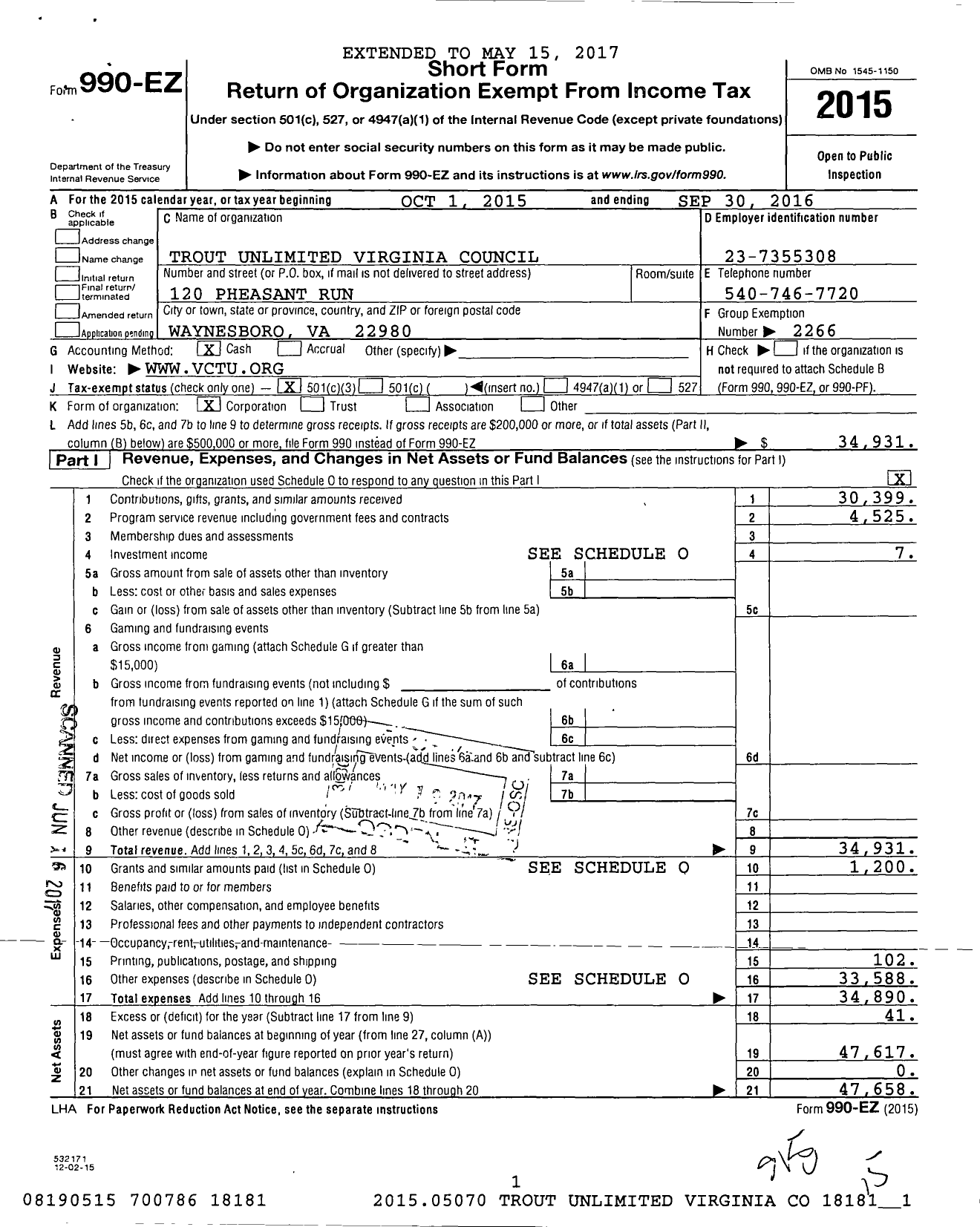 Image of first page of 2015 Form 990EZ for Trout Unlimited - Virginia Council