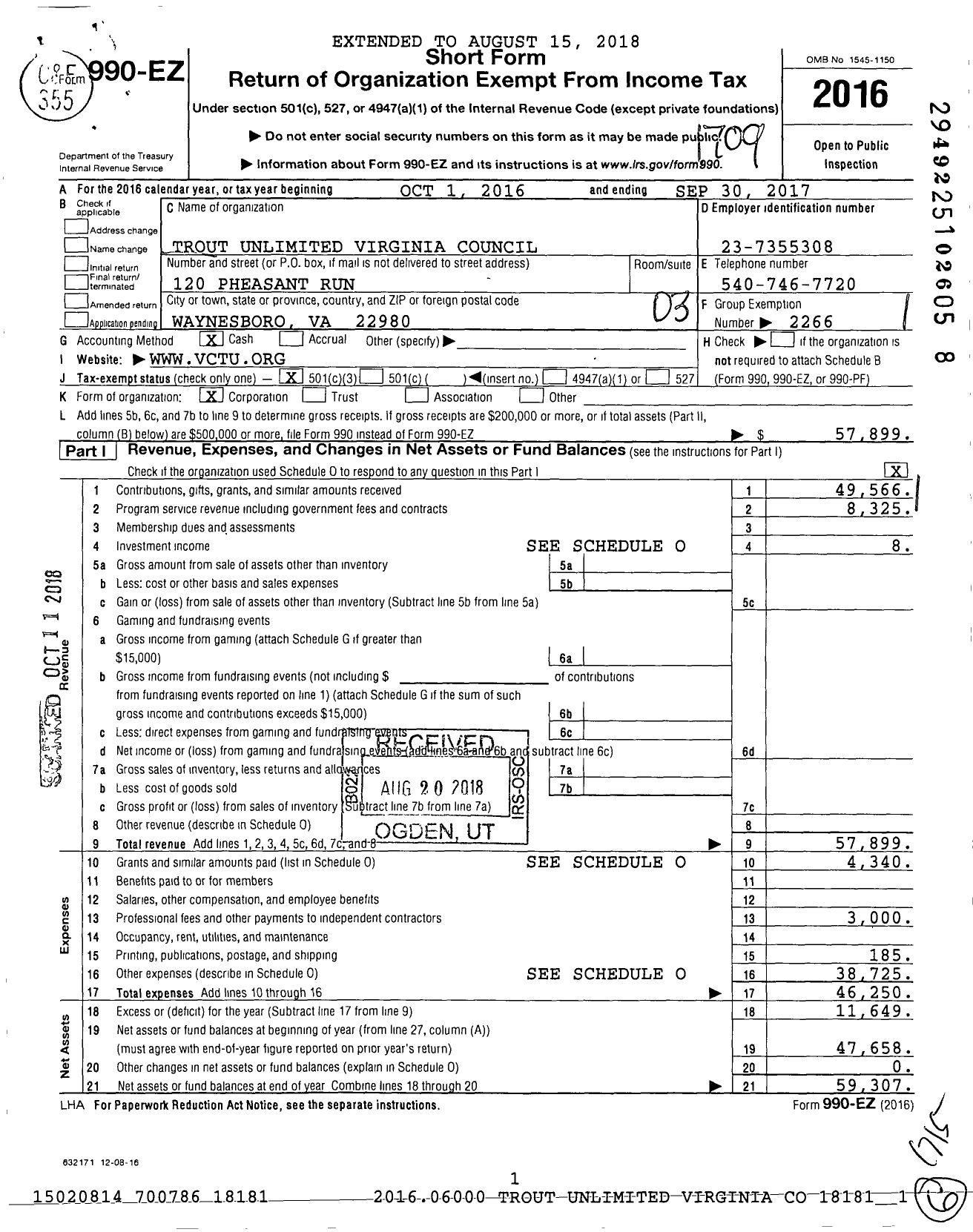 Image of first page of 2016 Form 990EZ for Trout Unlimited - Virginia Council