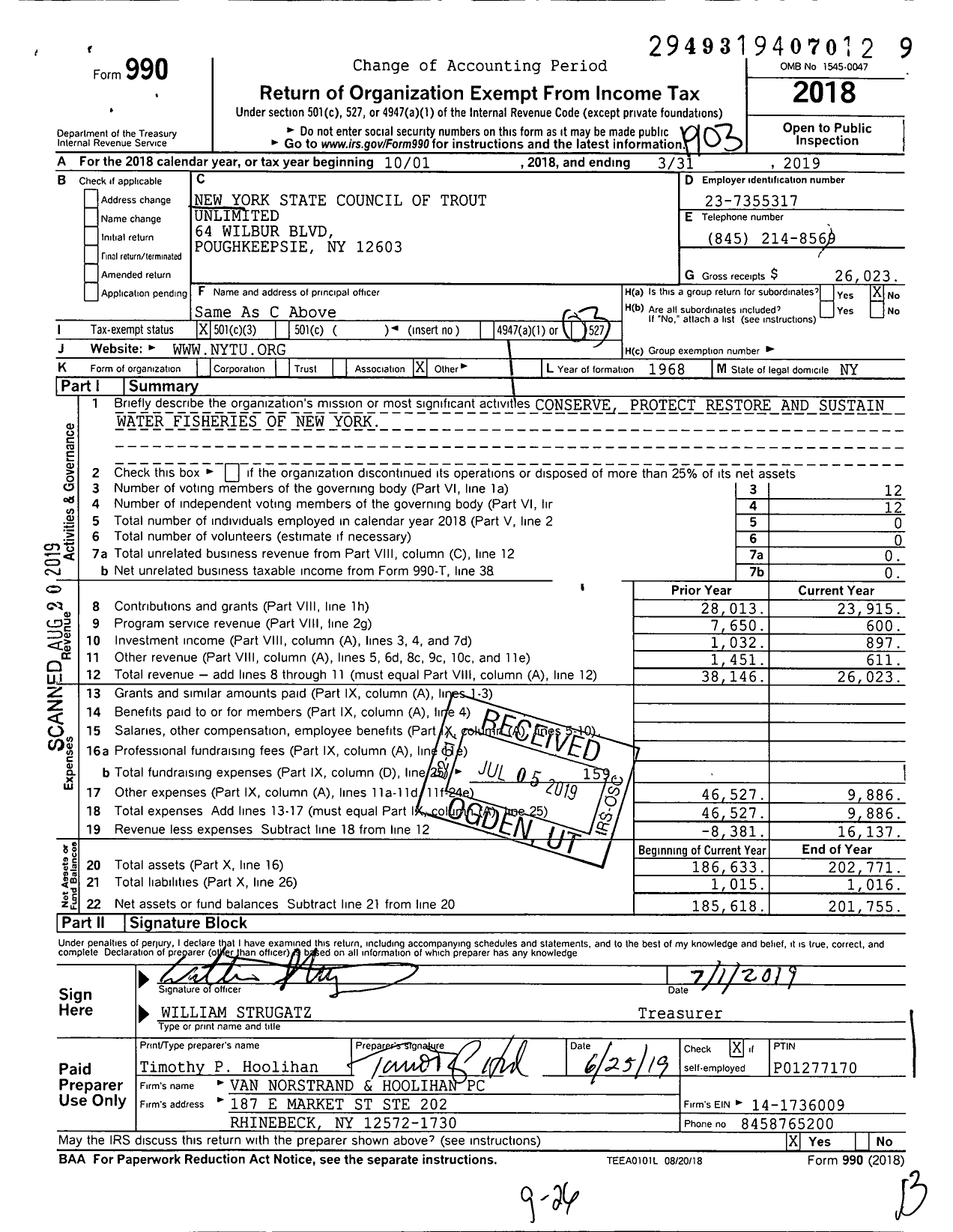 Image of first page of 2018 Form 990 for Trout Unlimited - New York Council