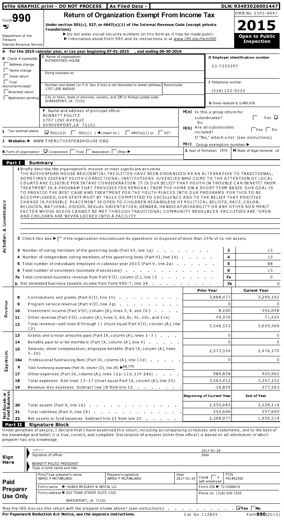 Image of first page of 2015 Form 990 for Rutherford House