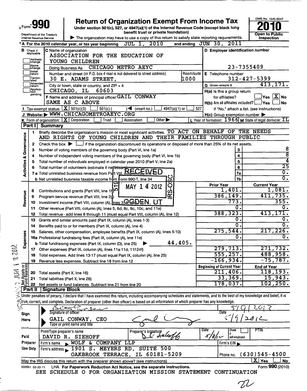 Image of first page of 2010 Form 990 for Chicago Metropolitan Association for the Education of Young Children