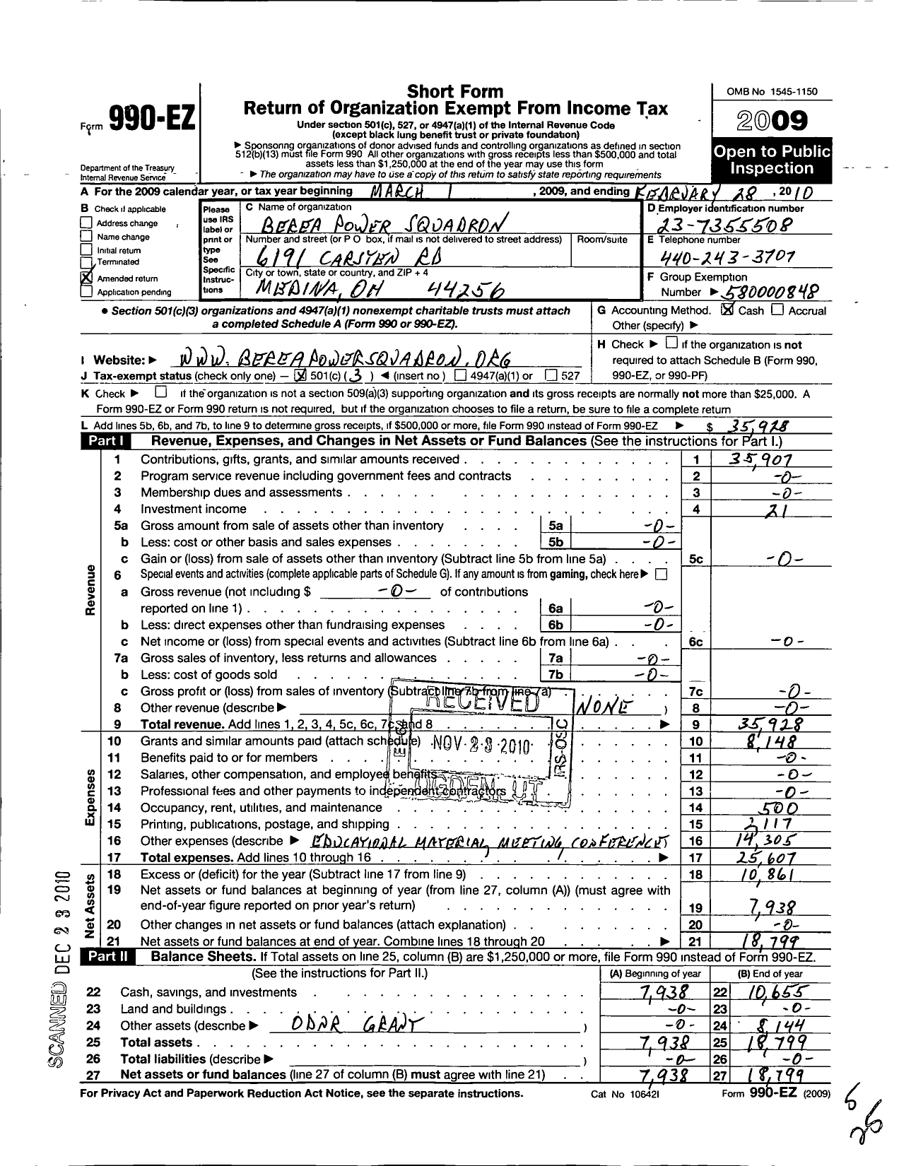 Image of first page of 2009 Form 990EZ for United States Power Squadrons - 495 Berea Sail & Power Squadron