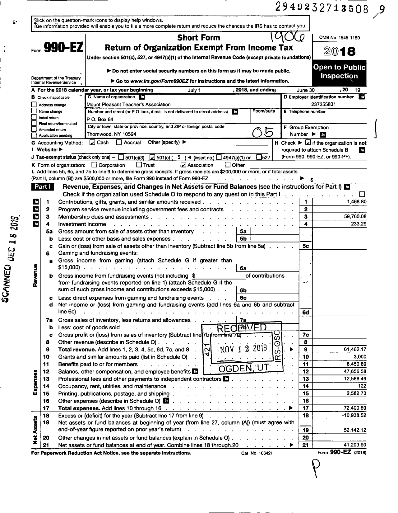 Image of first page of 2018 Form 990EO for AMERICAN FEDERATION OF TEACHERS - 2853 MT Pleasant