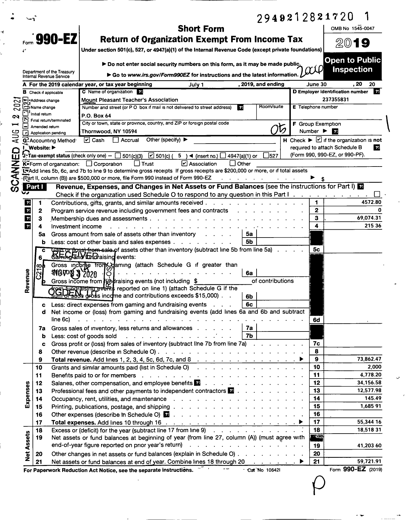 Image of first page of 2019 Form 990EO for AMERICAN FEDERATION OF TEACHERS - 2853 MT Pleasant