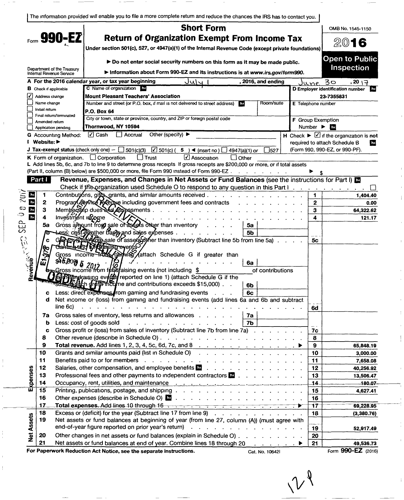 Image of first page of 2016 Form 990EO for AMERICAN FEDERATION OF TEACHERS - 2853 MT Pleasant