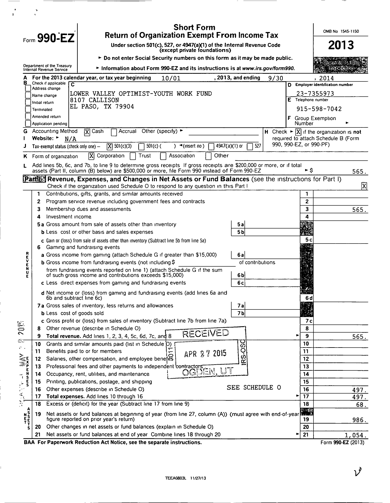 Image of first page of 2013 Form 990EZ for Lower Valley Optimist Youth Work Fund of El Paso Texas