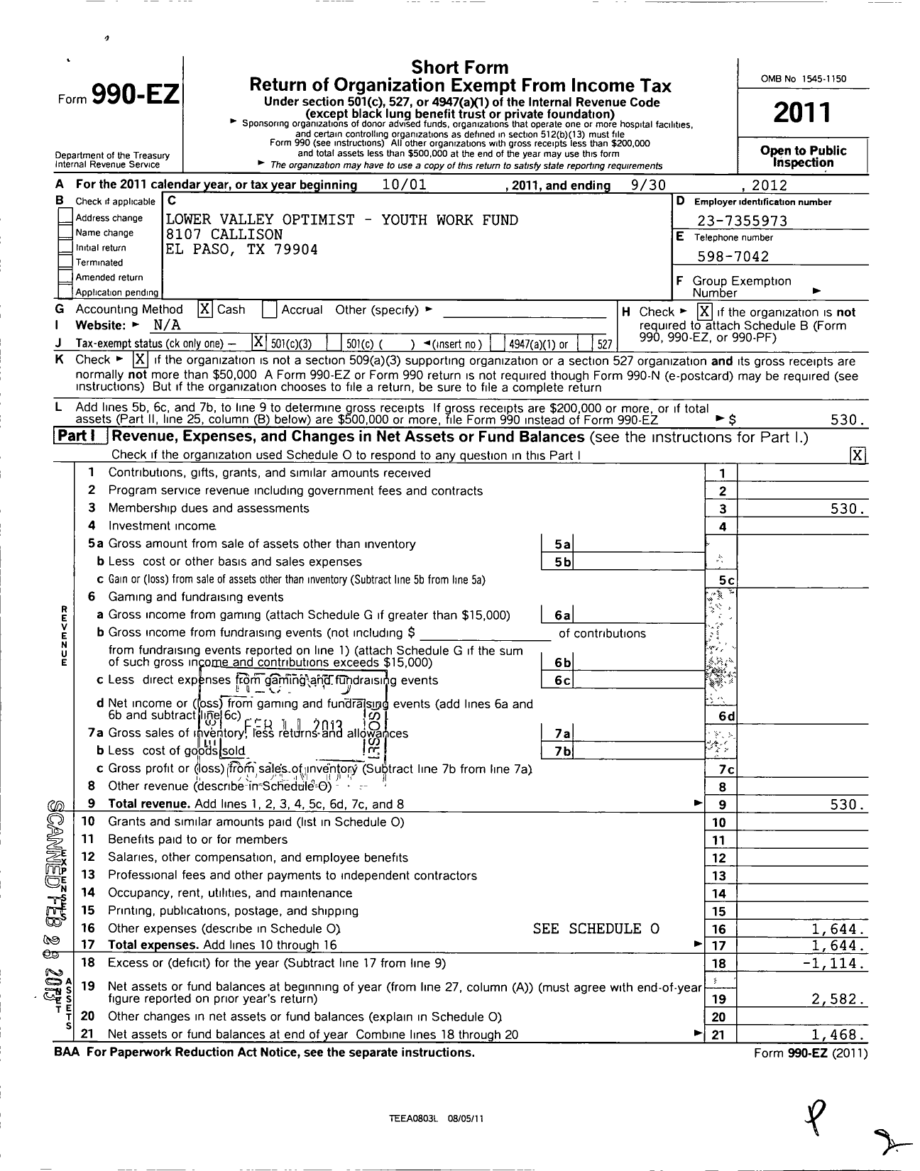 Image of first page of 2011 Form 990EZ for Lower Valley Optimist Youth Work Fund of El Paso Texas