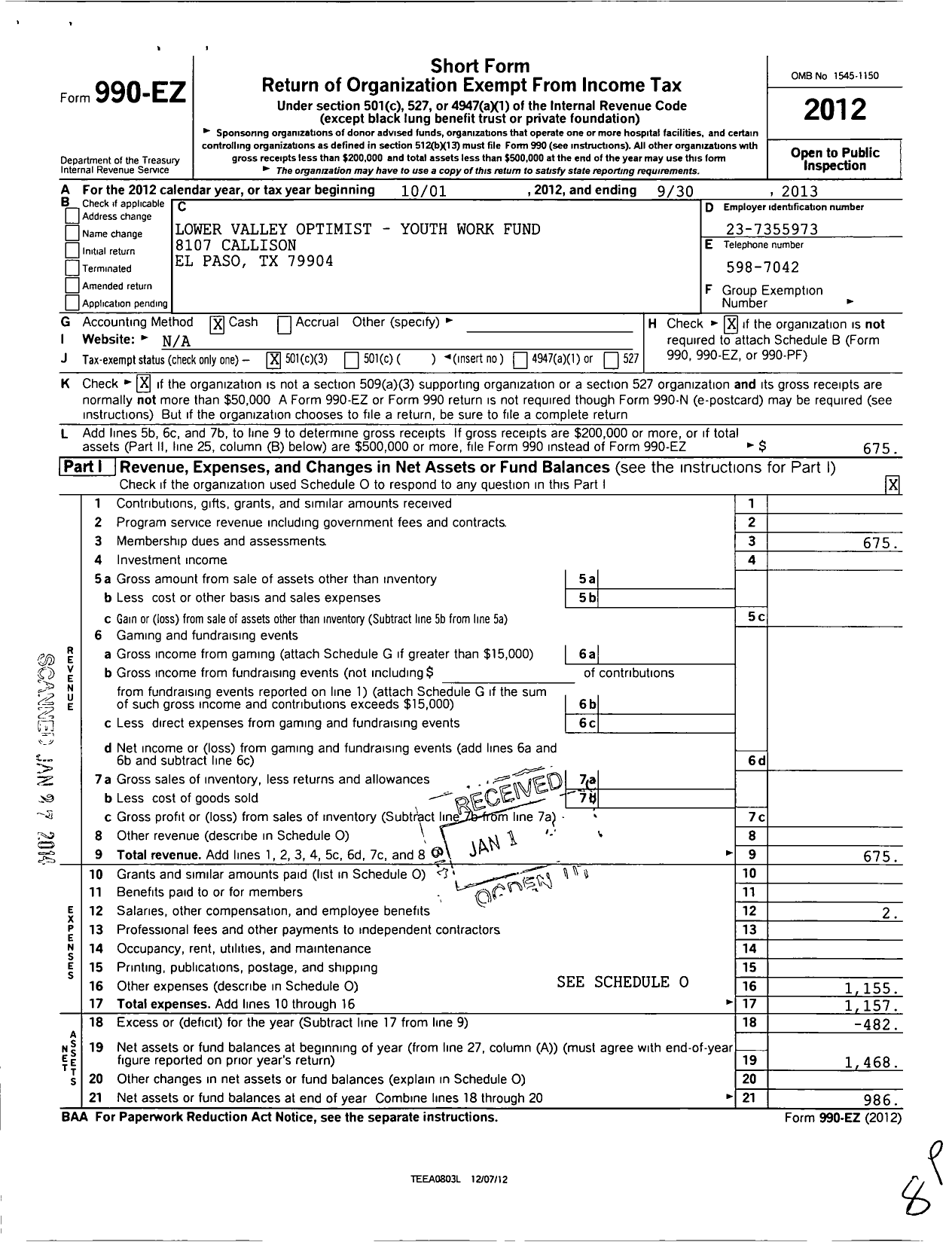 Image of first page of 2012 Form 990EZ for Lower Valley Optimist Youth Work Fund of El Paso Texas