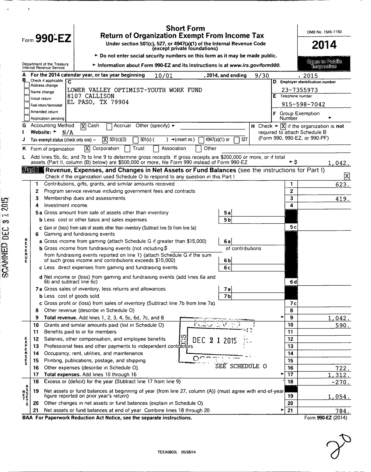 Image of first page of 2014 Form 990EZ for Lower Valley Optimist Youth Work Fund of El Paso Texas