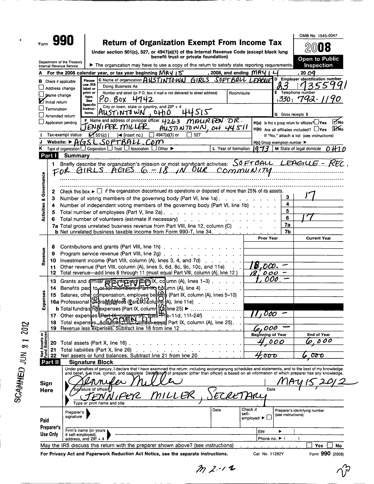 Image of first page of 2008 Form 990O for Austintown Girls Softball League