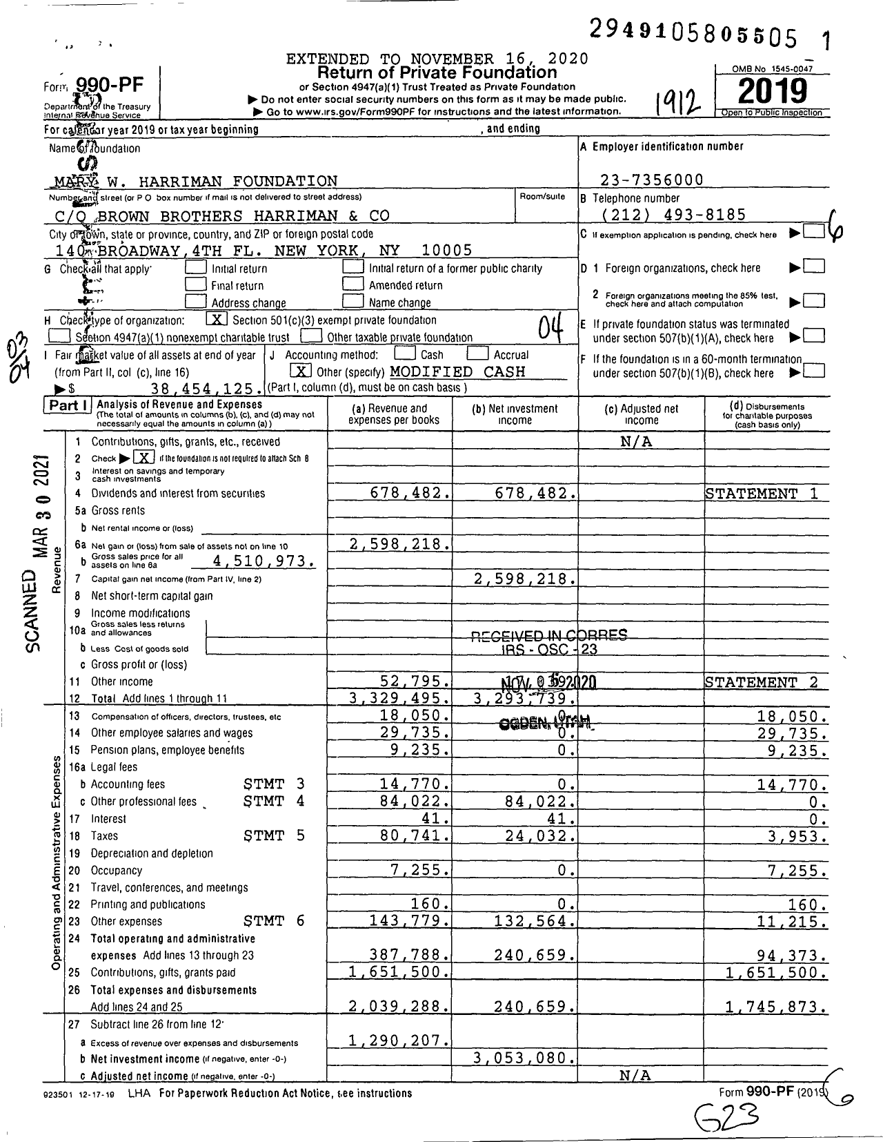 Image of first page of 2019 Form 990PF for Mary W Harriman Foundation