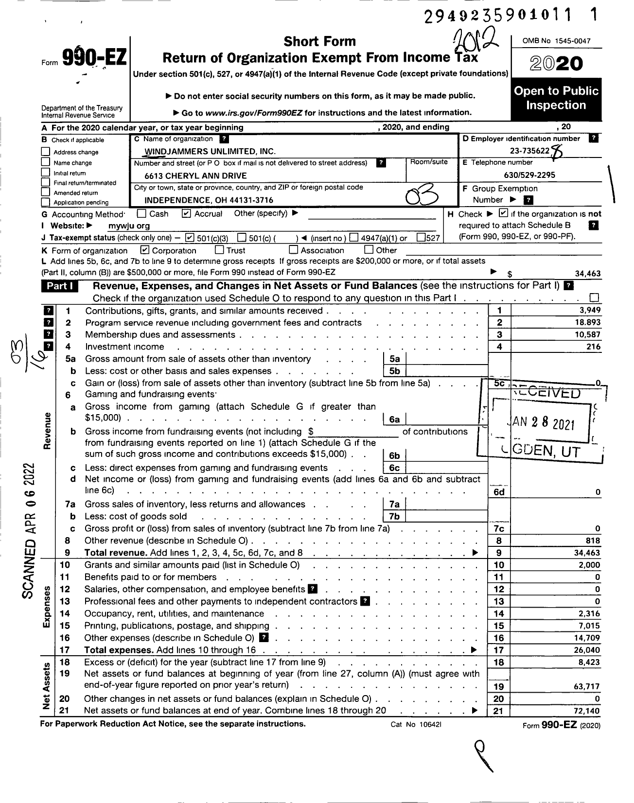 Image of first page of 2020 Form 990EZ for Windjammers Unlimited