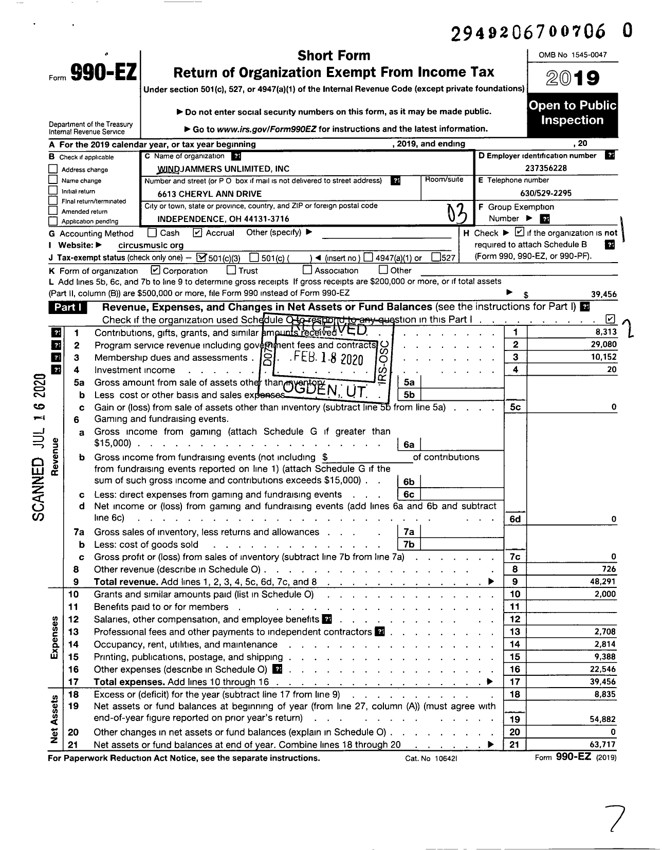 Image of first page of 2019 Form 990EZ for Windjammers Unlimited