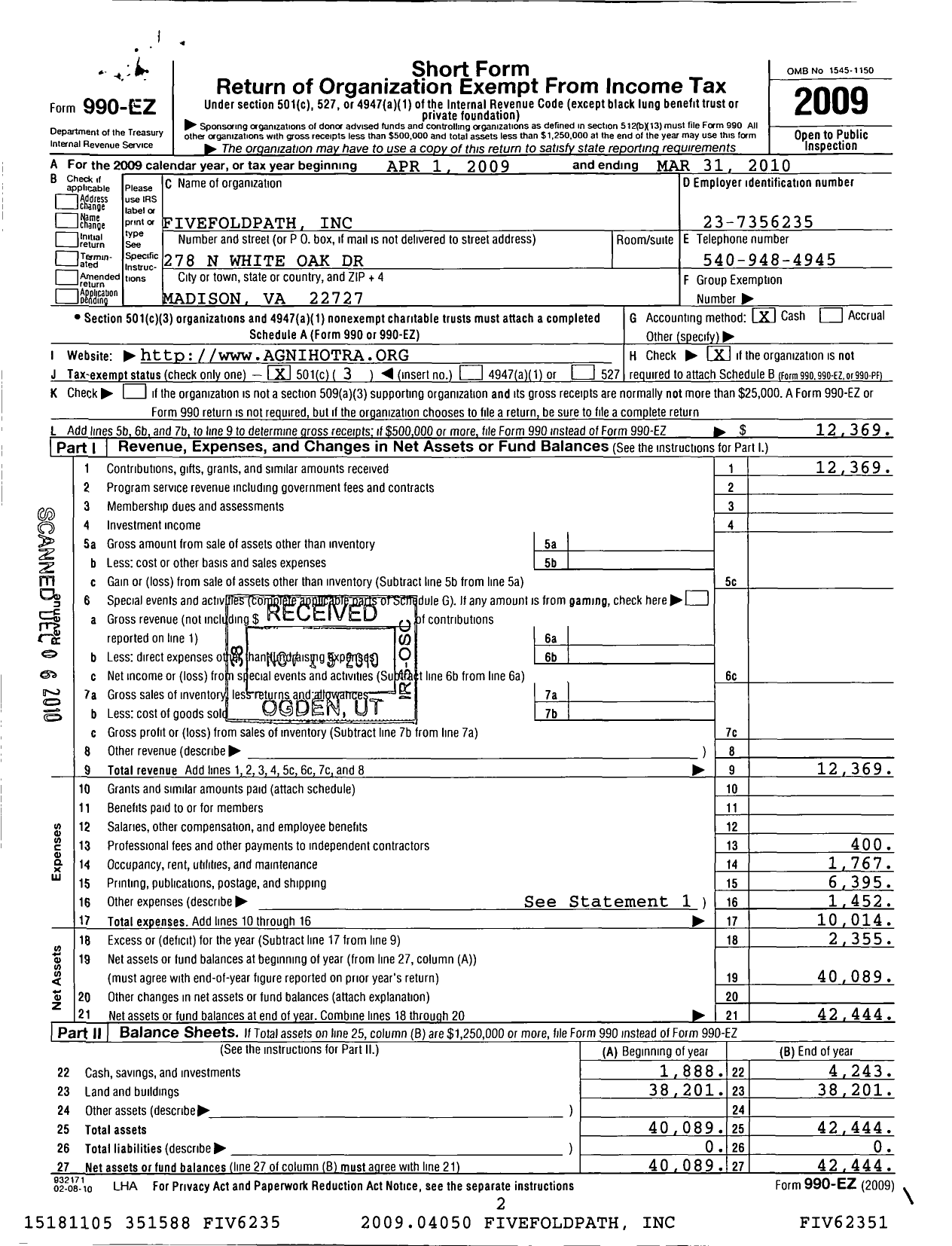 Image of first page of 2009 Form 990EZ for Fivefold Path