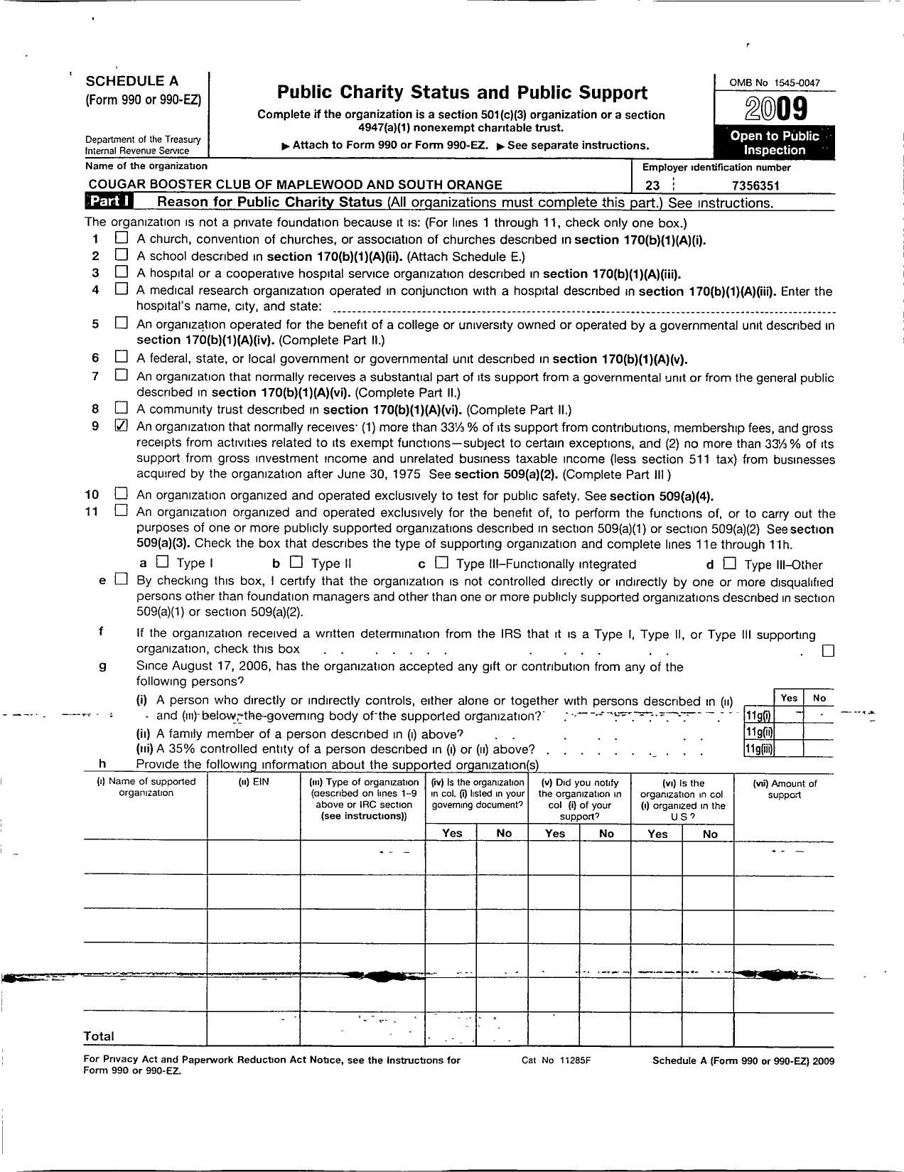 Image of first page of 2009 Form 990ER for Cougar Boosters of Maplewood South Orange